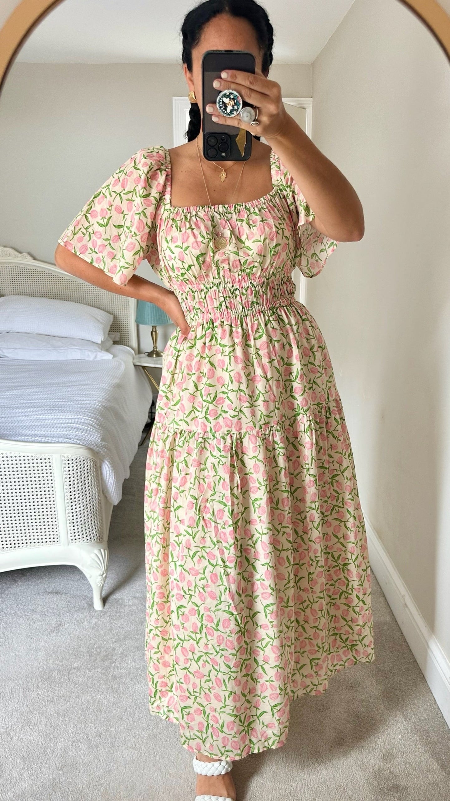 Kitri pink green peony peaches cotton midi long dress holiday event medium UK 12