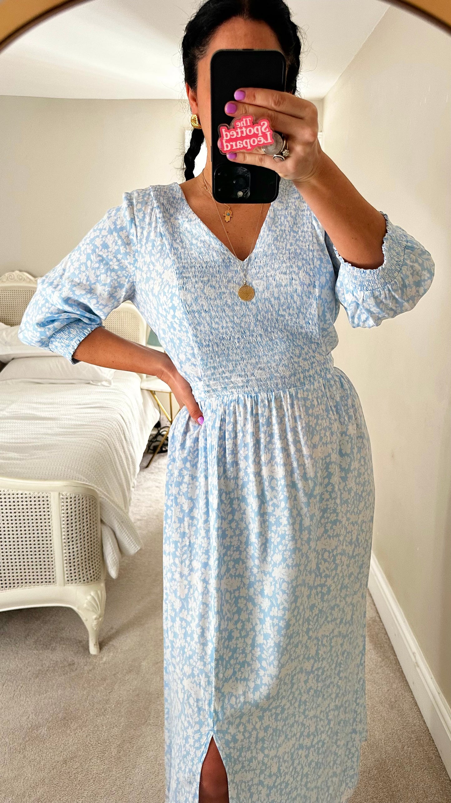 Oliver Bonas light blue white floral midi side split dress medium UK 14 new