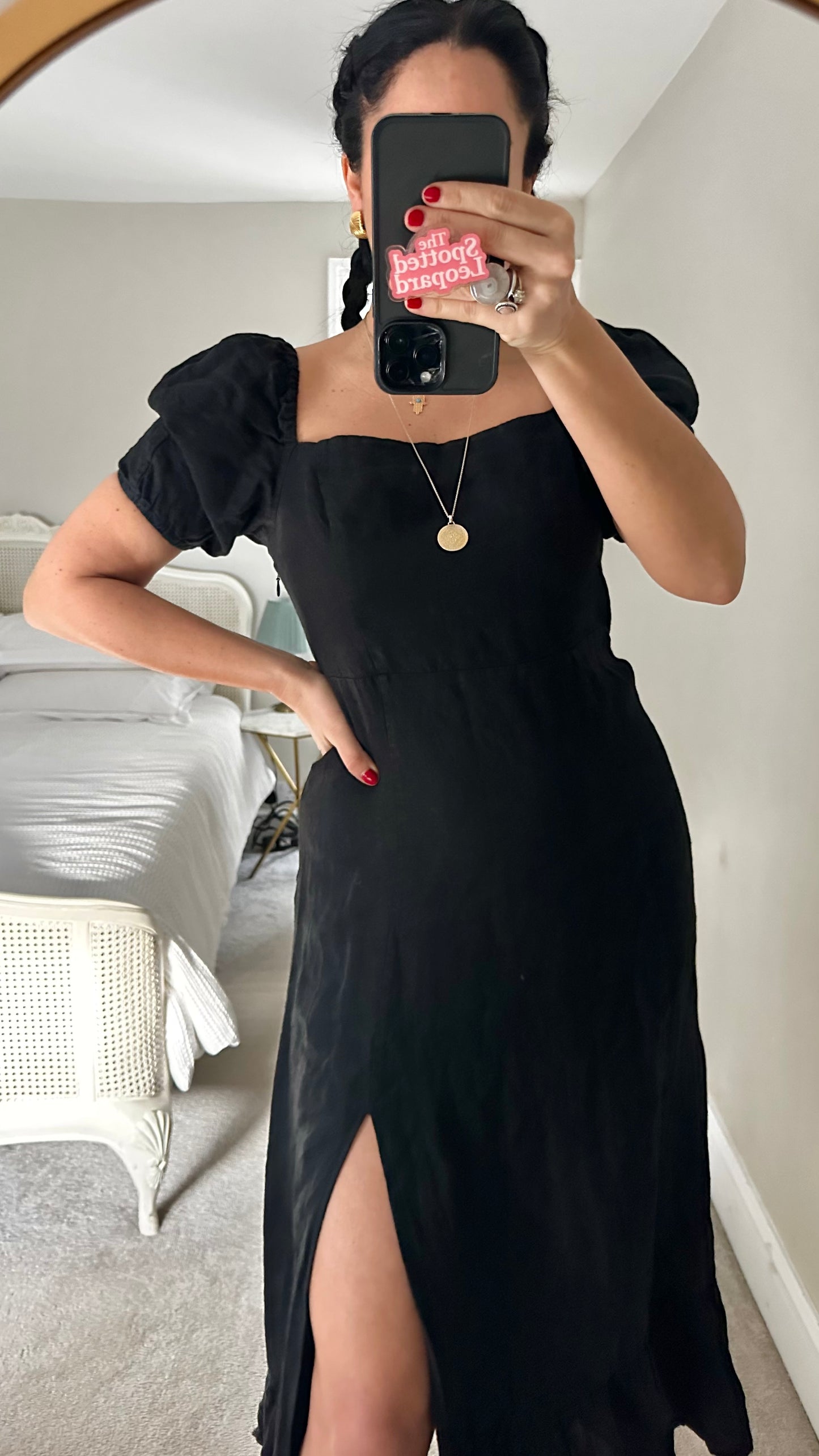 & other stories black linen side split midi holiday event dress medium UK 12-14 vgc