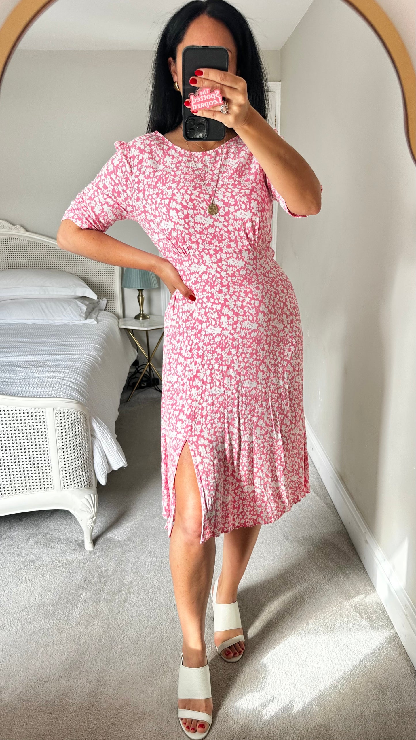 Oliver Bonas rose pink white floral side split midi petite dress small UK 10 vgc