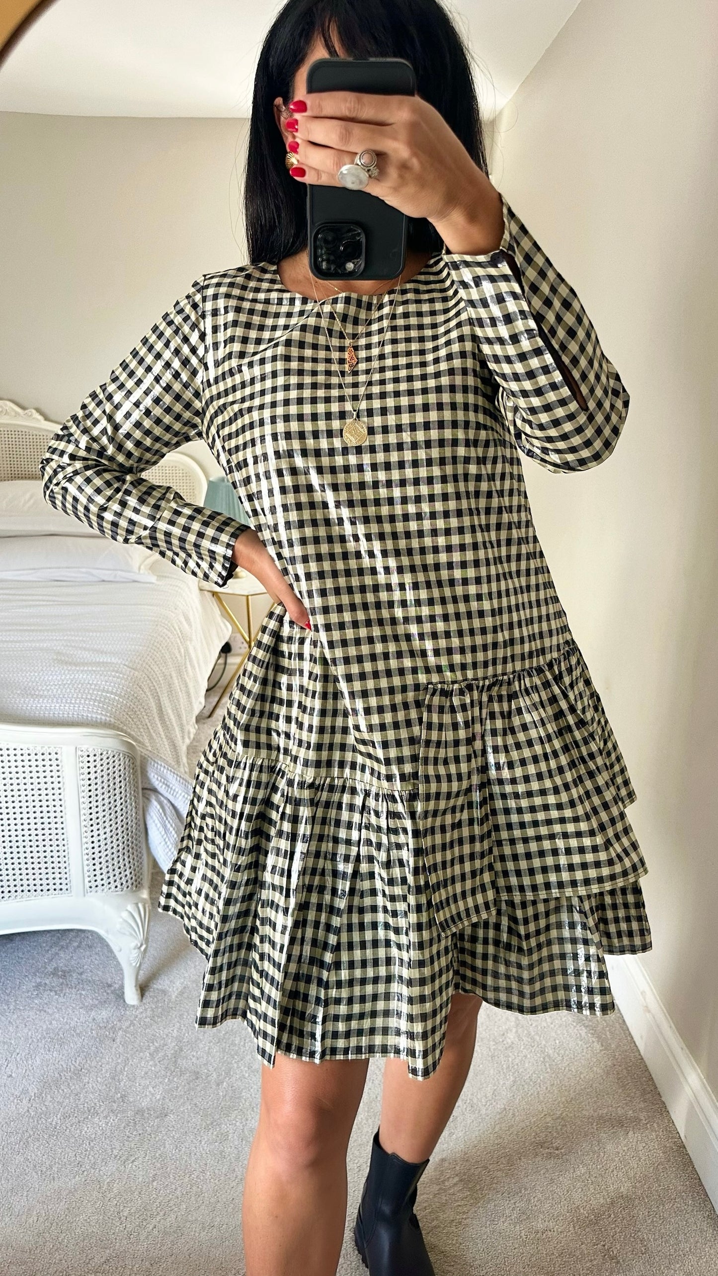 Just @ Anthropologie shimmer black cream gingham event dress small UK 8-10 vgc