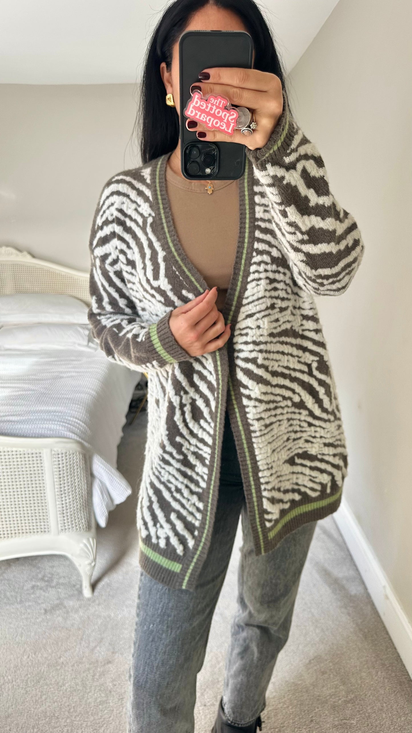 Cocogio mink cream animal print knitted cardigan jumper large UK 12 vgc