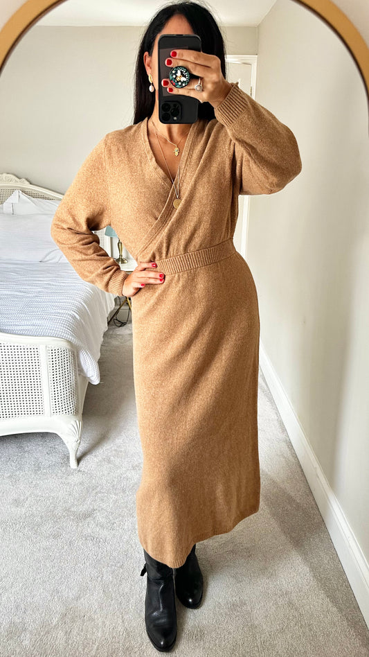 & other stories beige camel wool blend knitted jumper dress long midi medium UK 10 12