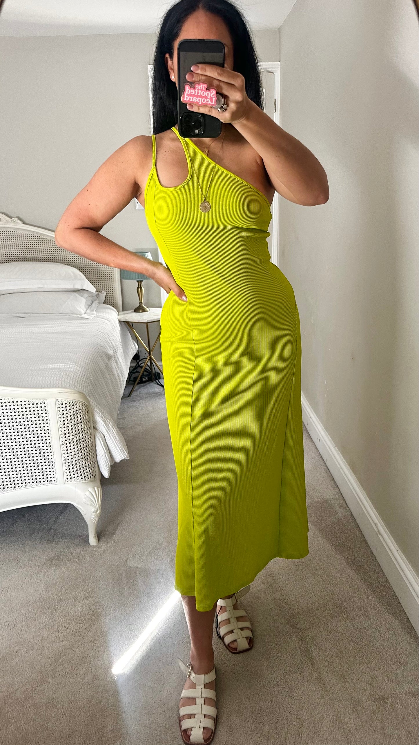 Topshop lime green acid ribbed midi long asymmetric dress small UK 10 vgc