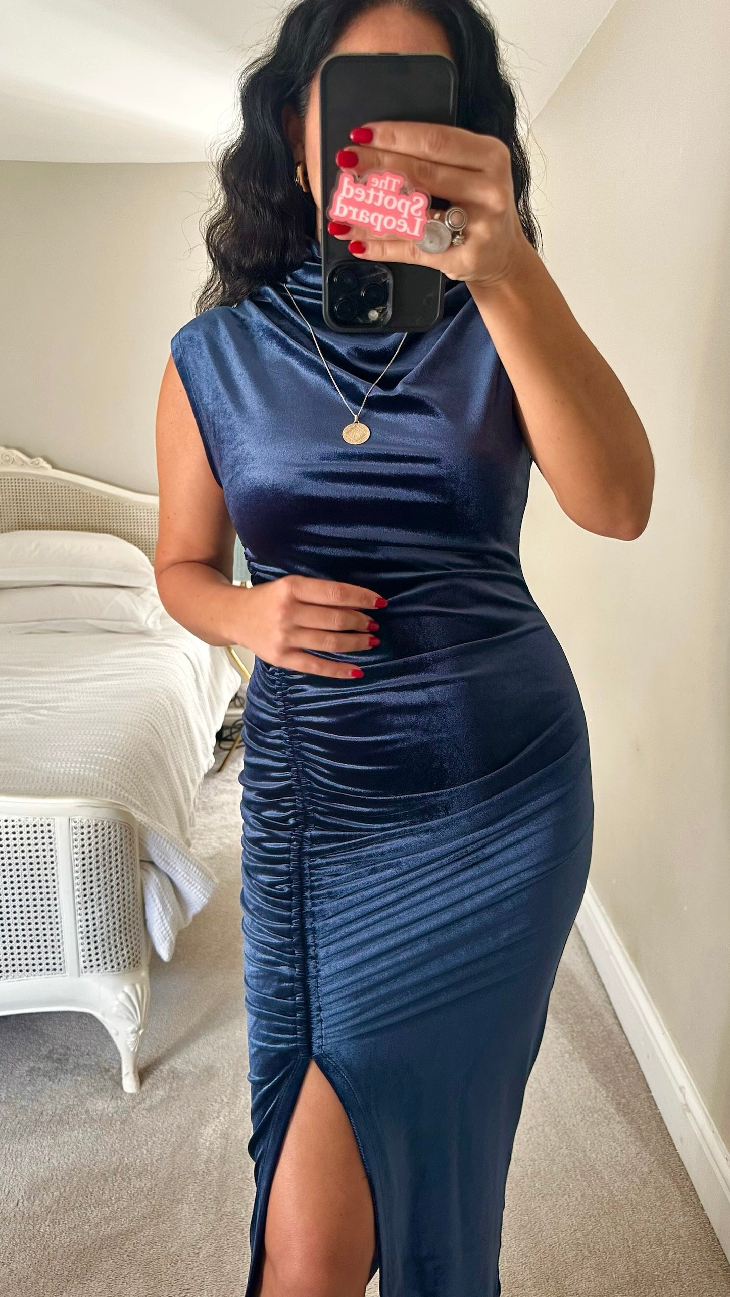 Anthropologie navy blue velvet side split ruched midi event dress small UK 8 vgc XMS25