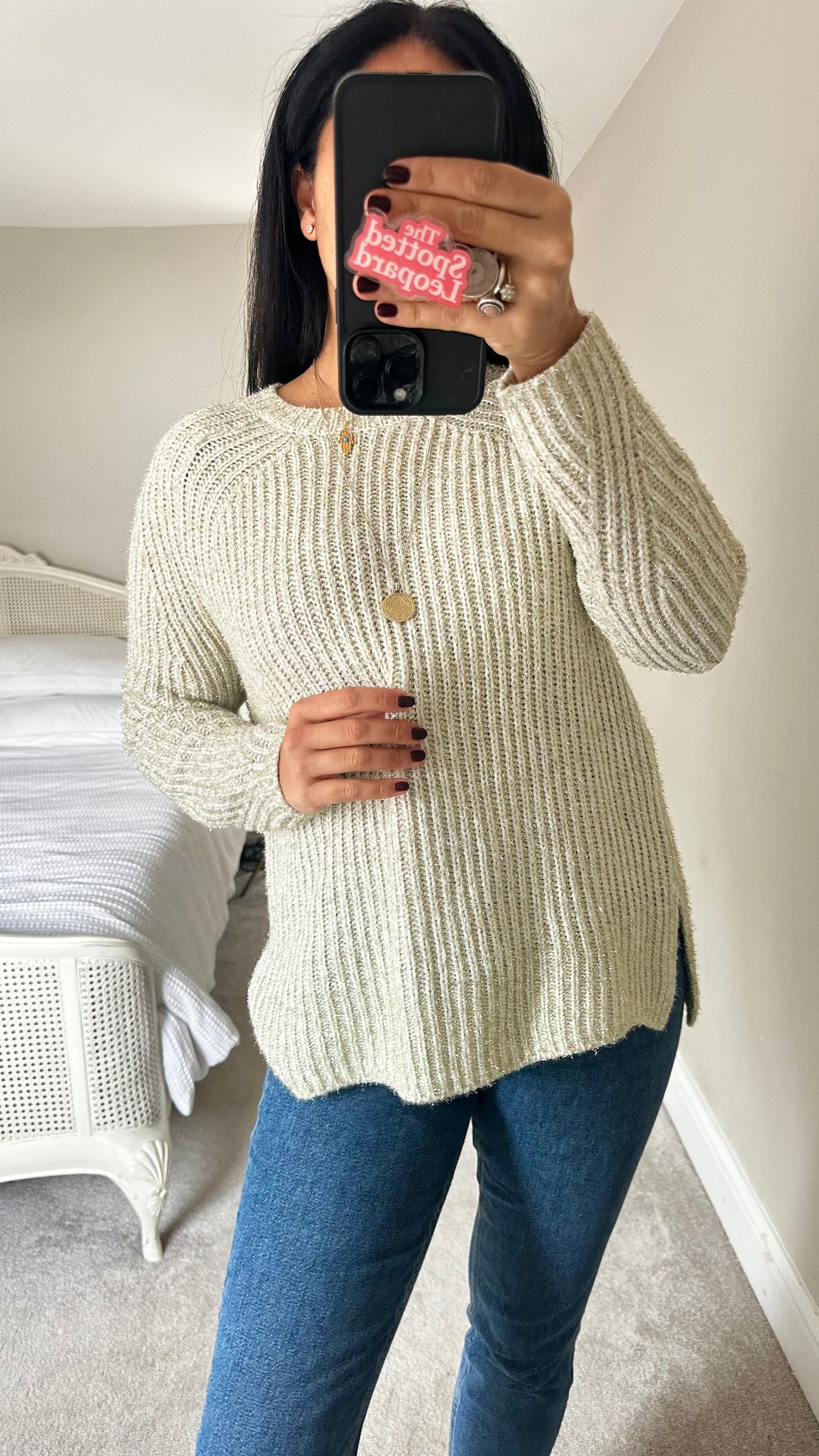 Topshop gold cream tinsel knitted Christmas jumper large UK 12 vgc