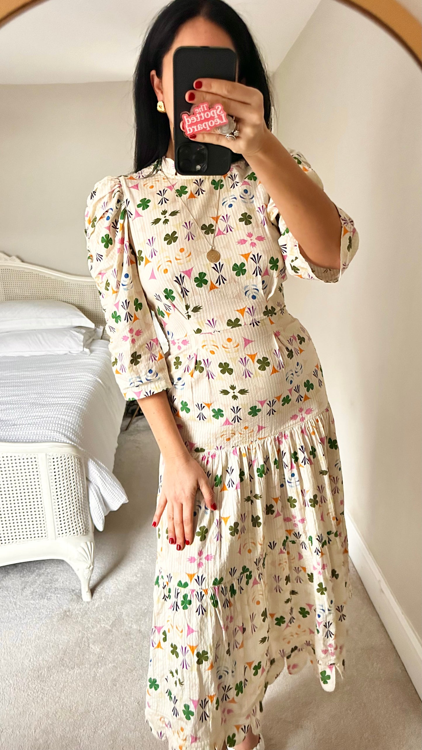 Stella Nova cream green pink clover print scalloped midi long holiday event dress small UK 8 vgc cotton