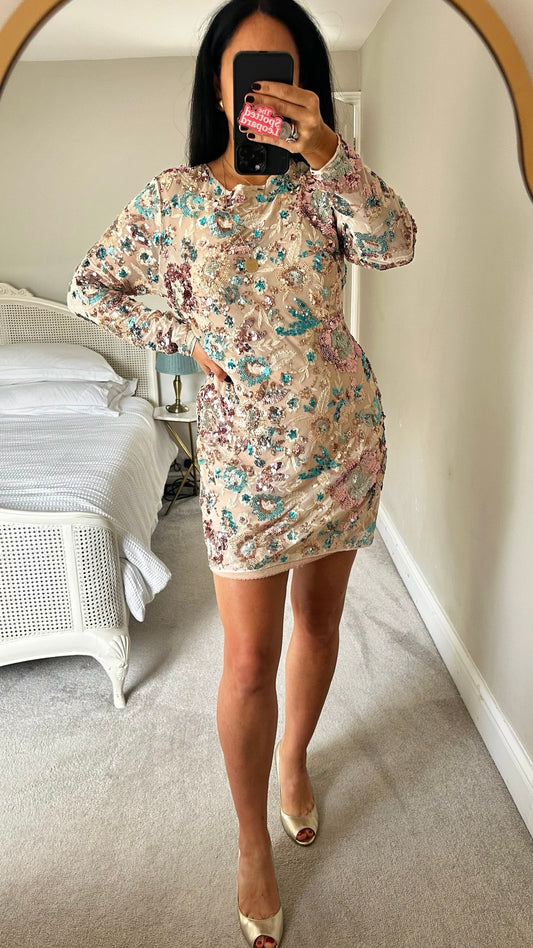 Anthropologie cream blue pink sequin party event mini dress large L UK 12 XMS25