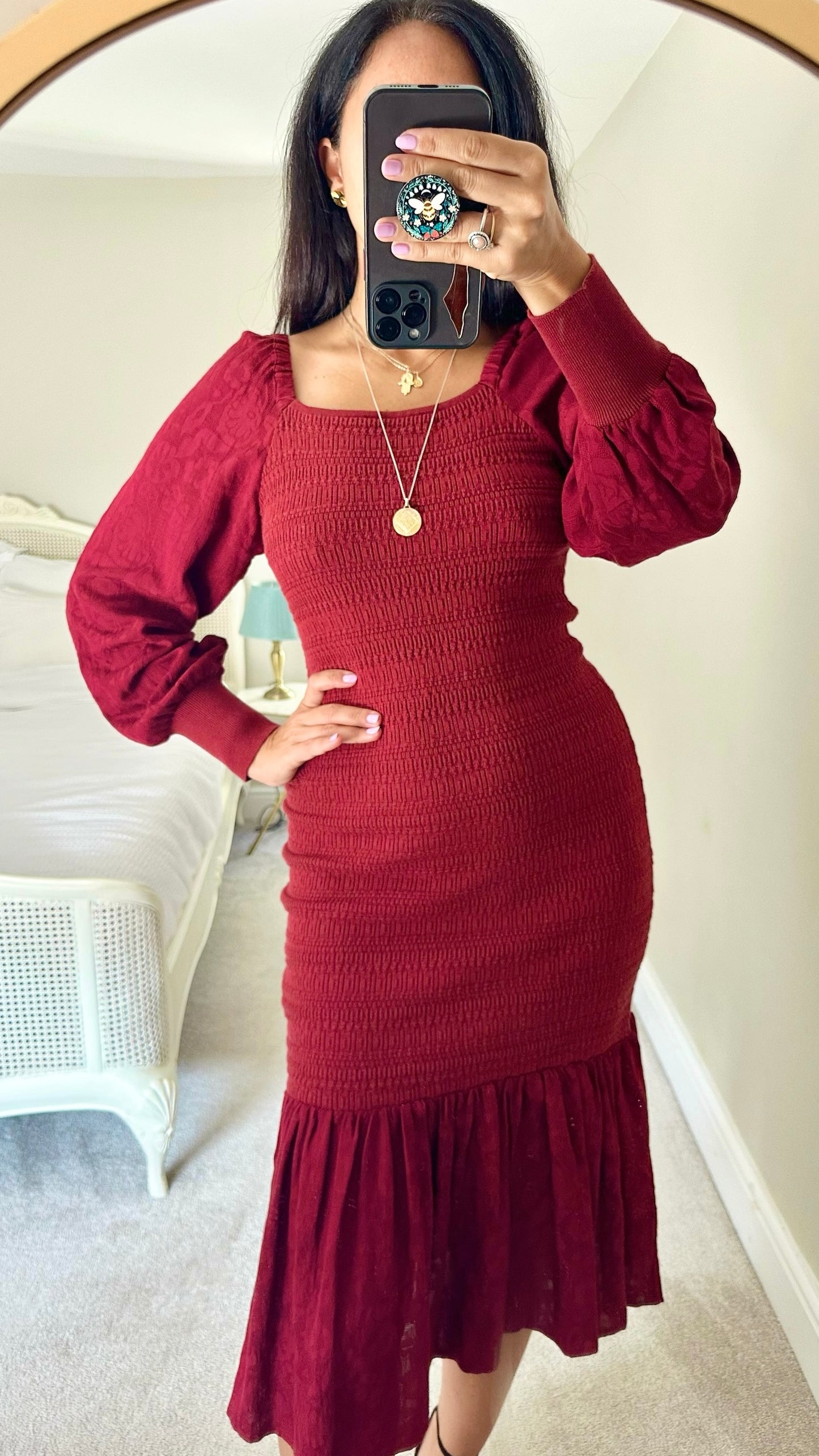 Anthropologie deep red tiered hem long sleeve midi dress vgc medium UK 10-12