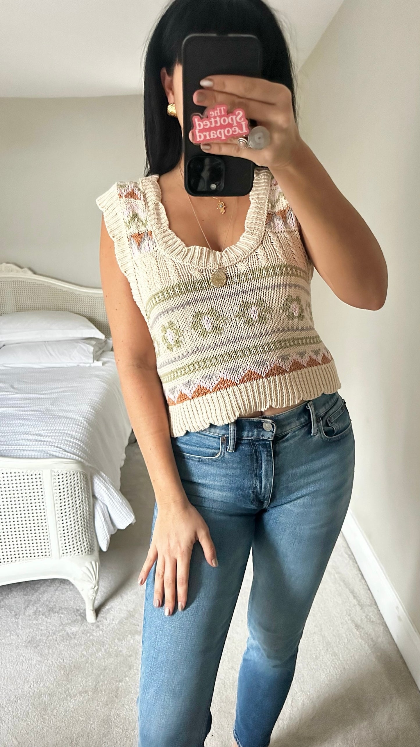 Anthropologie cream olive green vintage style crotchet knit top vest L large UK 14 excellent used condition