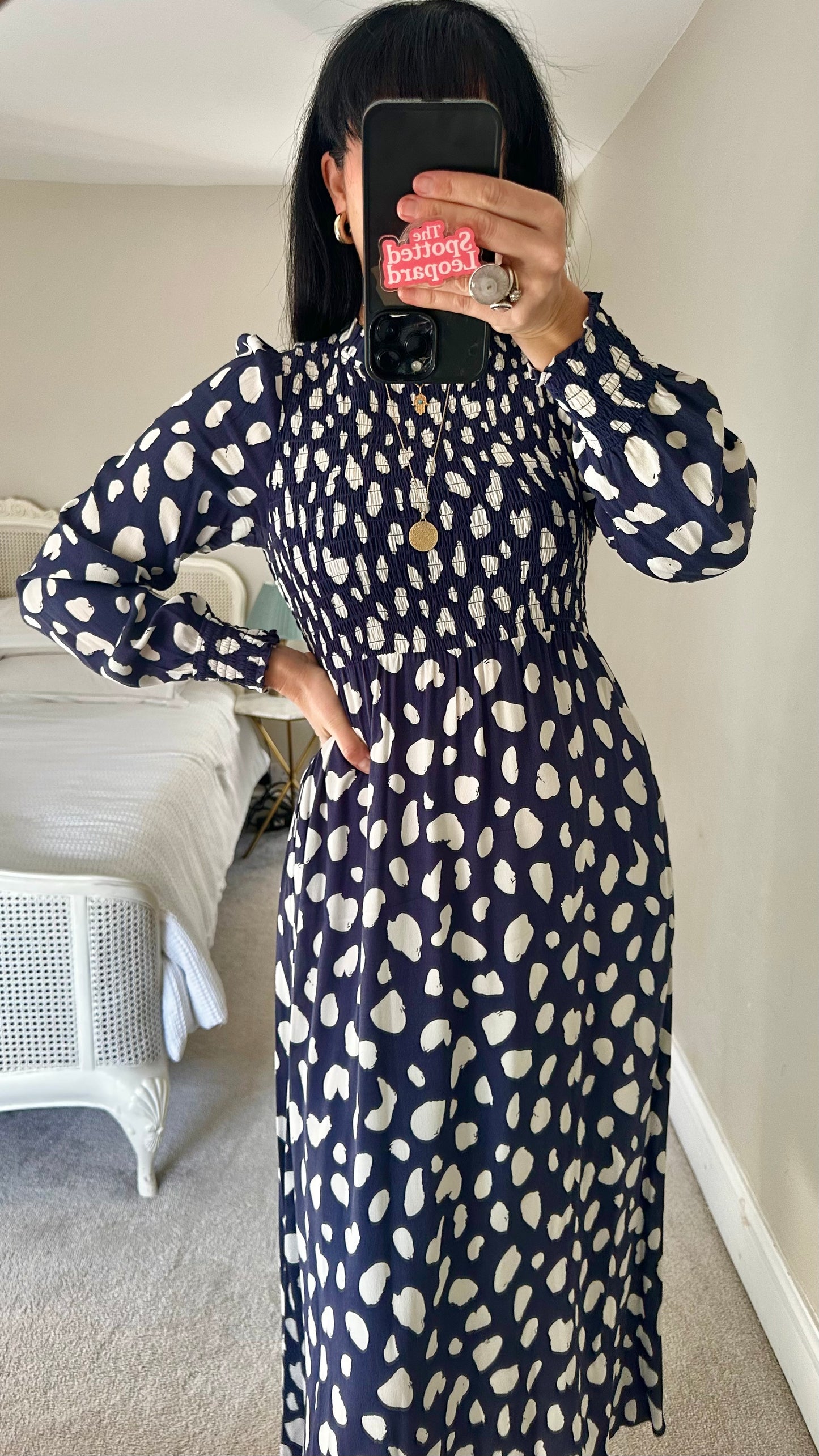 KITRI navy blue polka dot shirred bust midi event dress medium UK 12 vgc