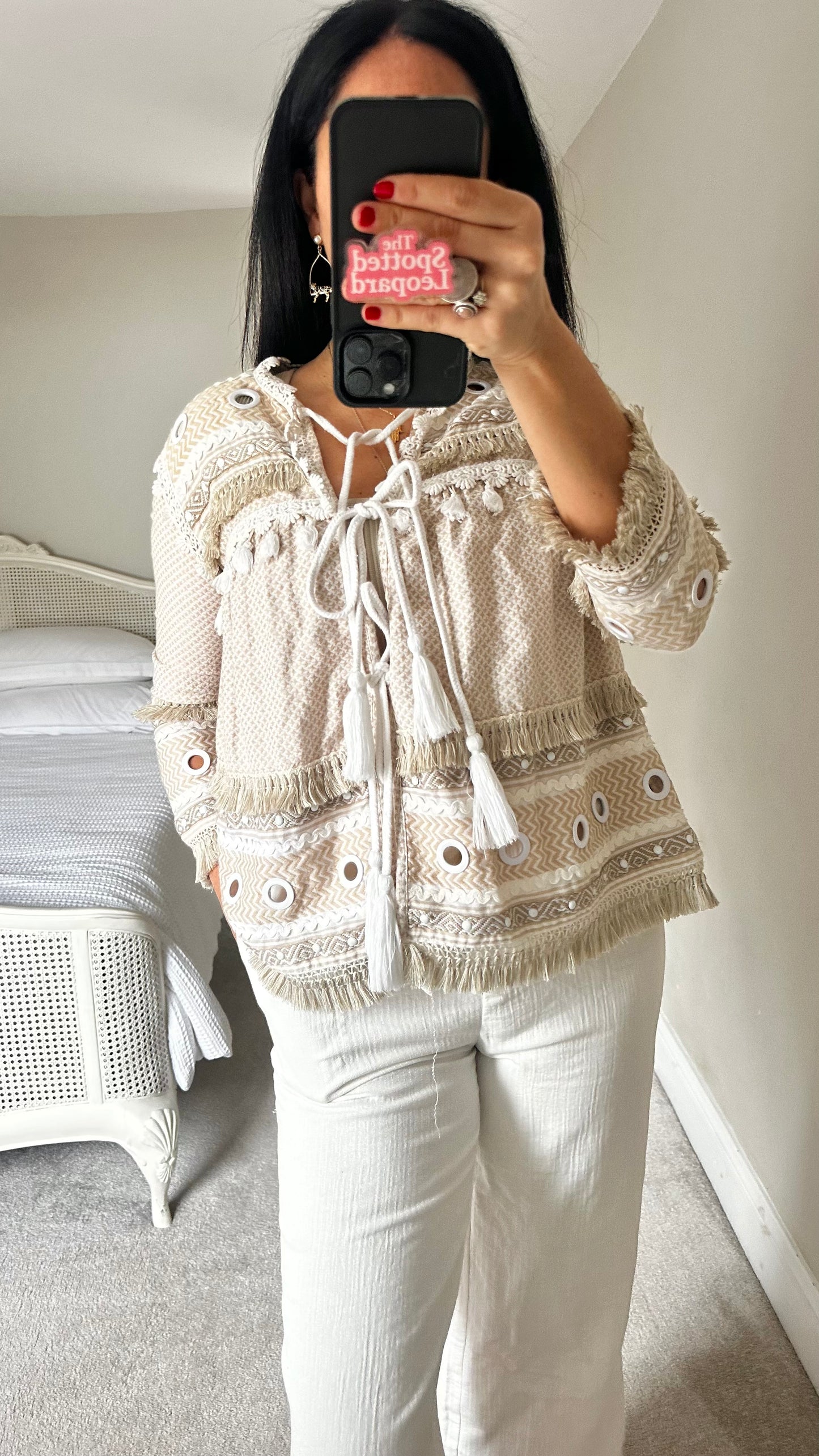 Dodo Baror beige cream white tassel co ord two piece suit boho holiday shorts small UK 8 vgc