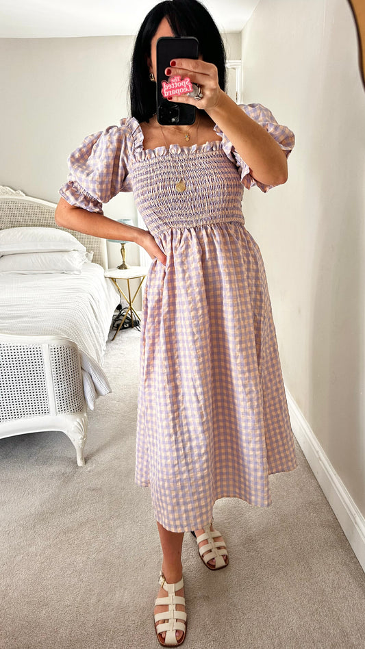 Warehouse lilac beige gingham check midi shirred dress small UK 10 new bnwt