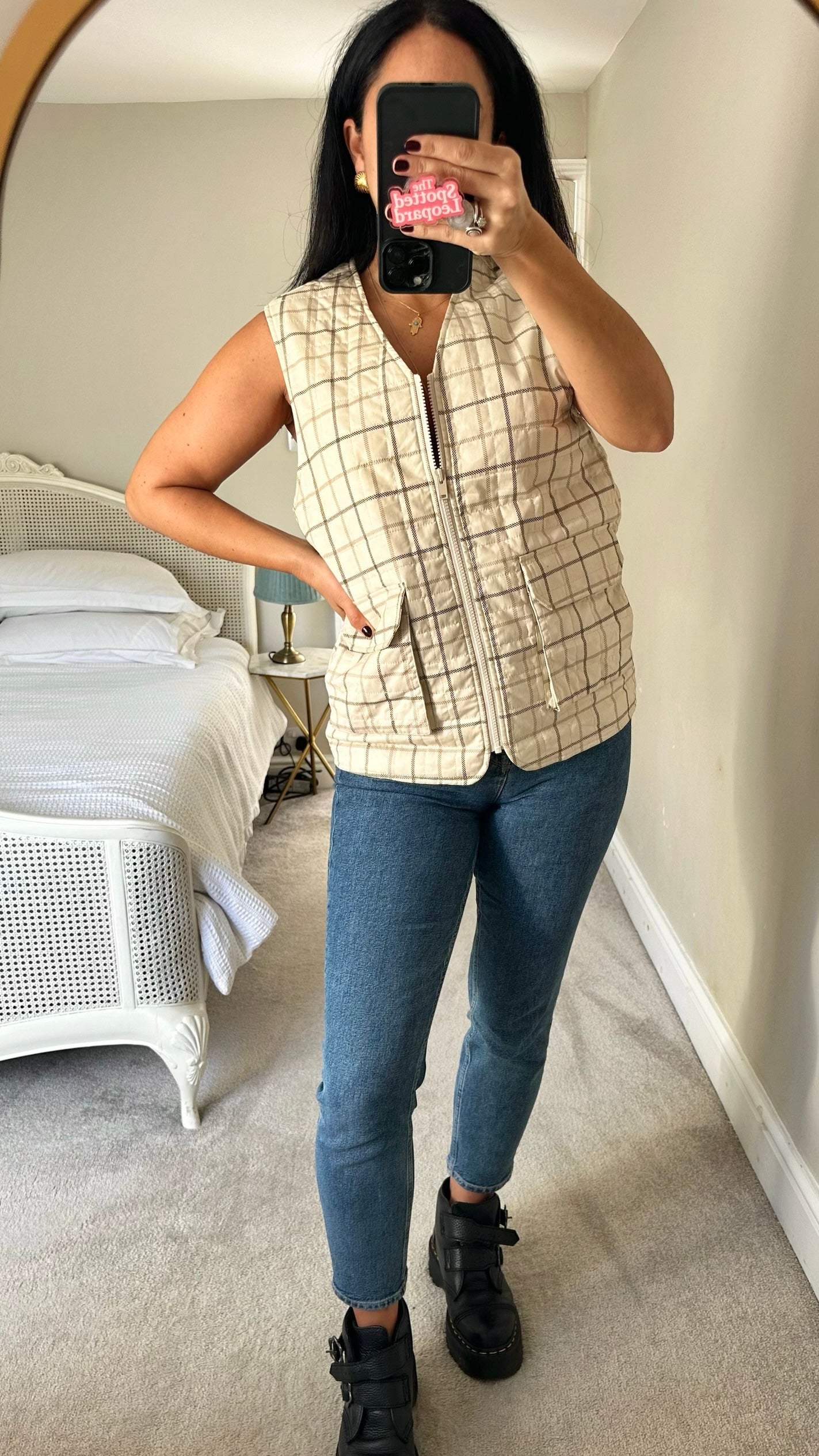 Selected femme @Anthropologie beige cream gingham quilted waistcoat vest jacket small S UK 8