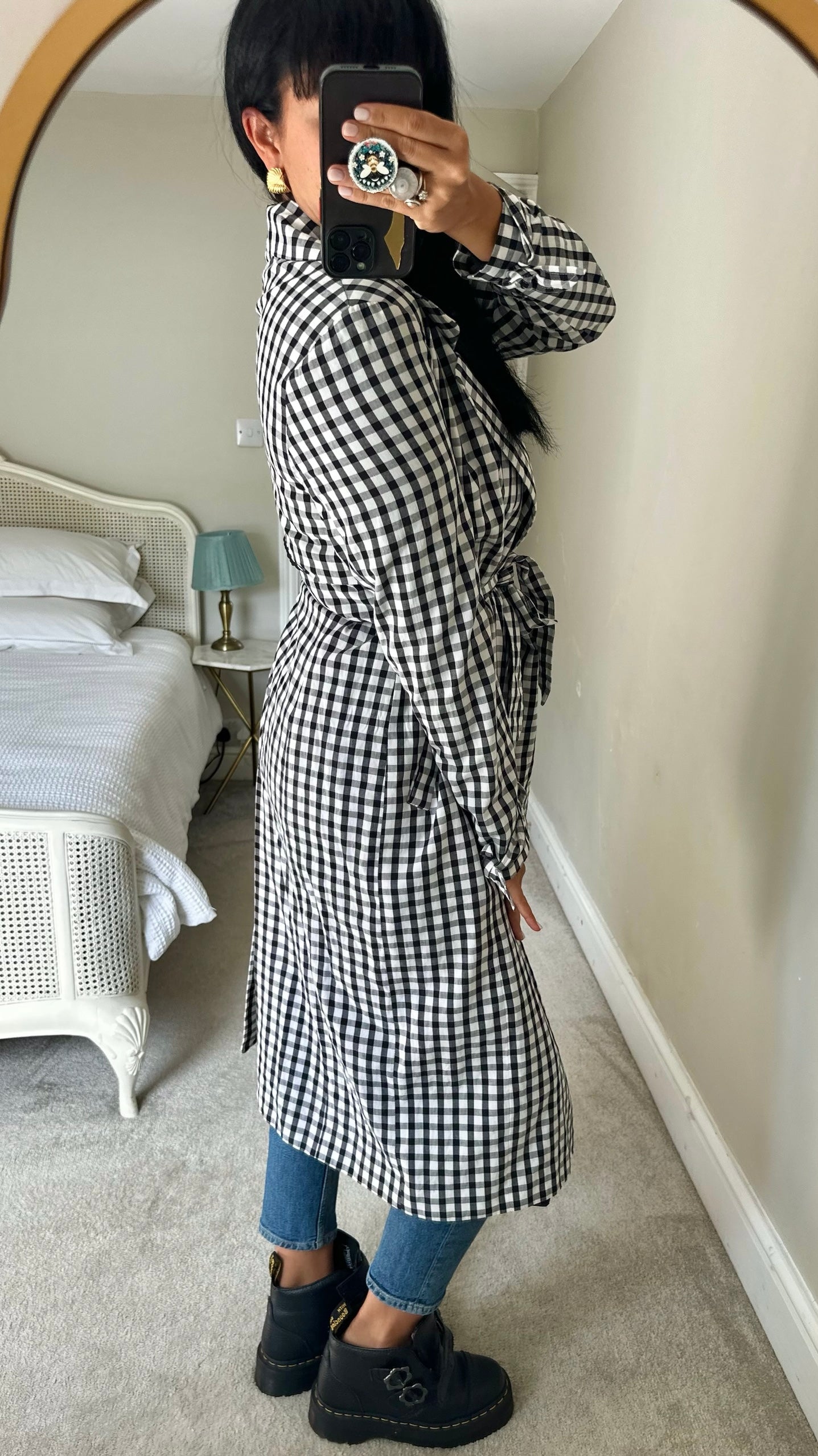 River island black white gingham check long trench coat large L UK 12 excellent used condition