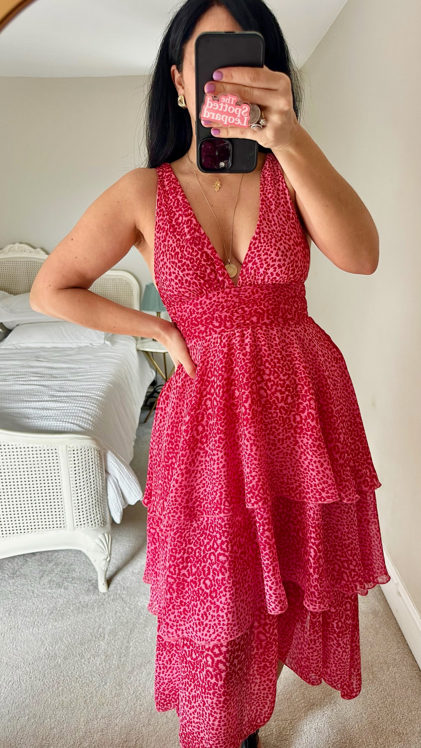 Topshop fuchsia pink leopard print tiered midi event dress small UK 8-10 vgc