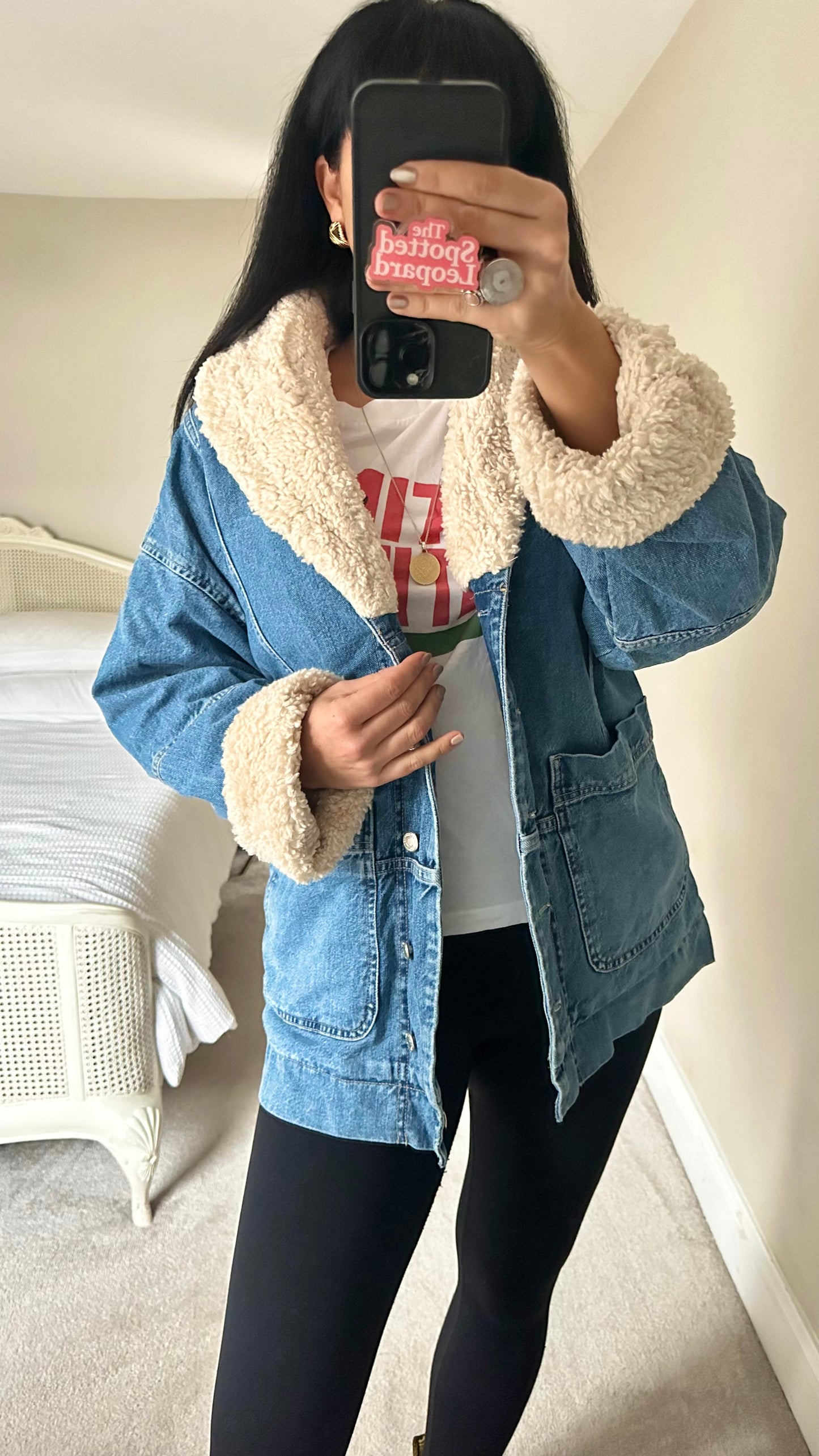 Topshop blue denim faux shearling jacket quilted coat small UK 8-10 oversized vgc