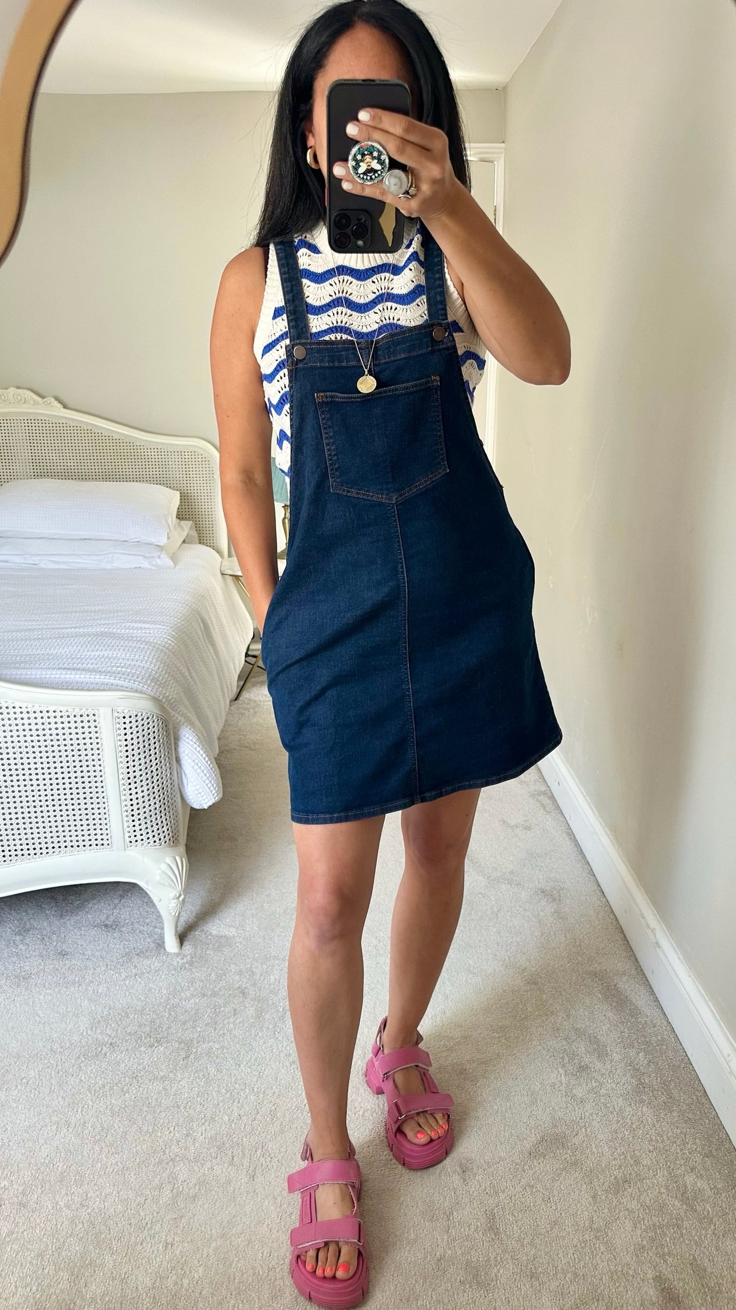 La Redoute navy blue denim dungaree mini dress large L UK 12 vgc