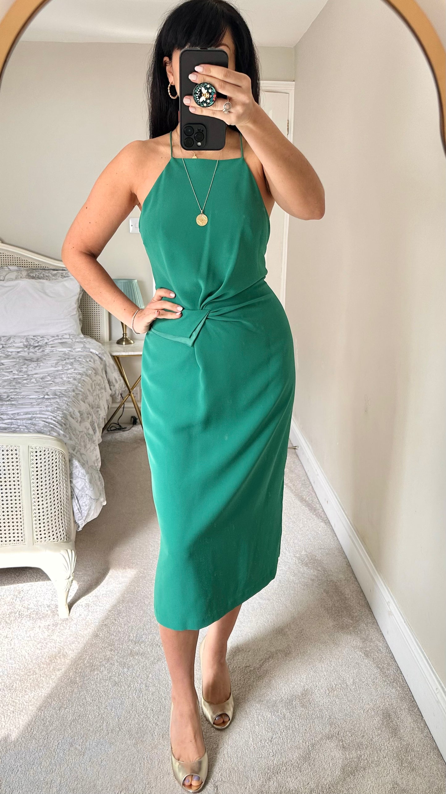 Warehouse emerald green faux knot midi event dress large UK 12 vgc