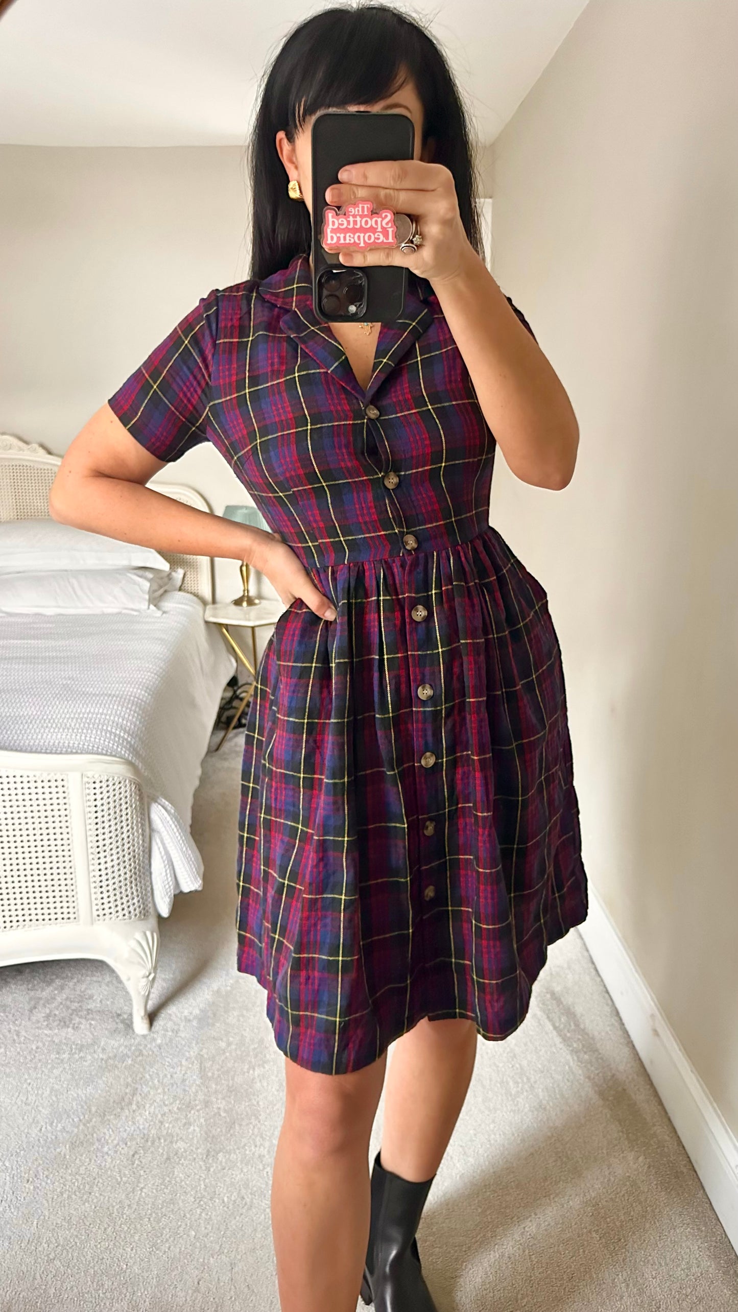 Joanie red black tartan check button up casual day dress small UK 8 vgc