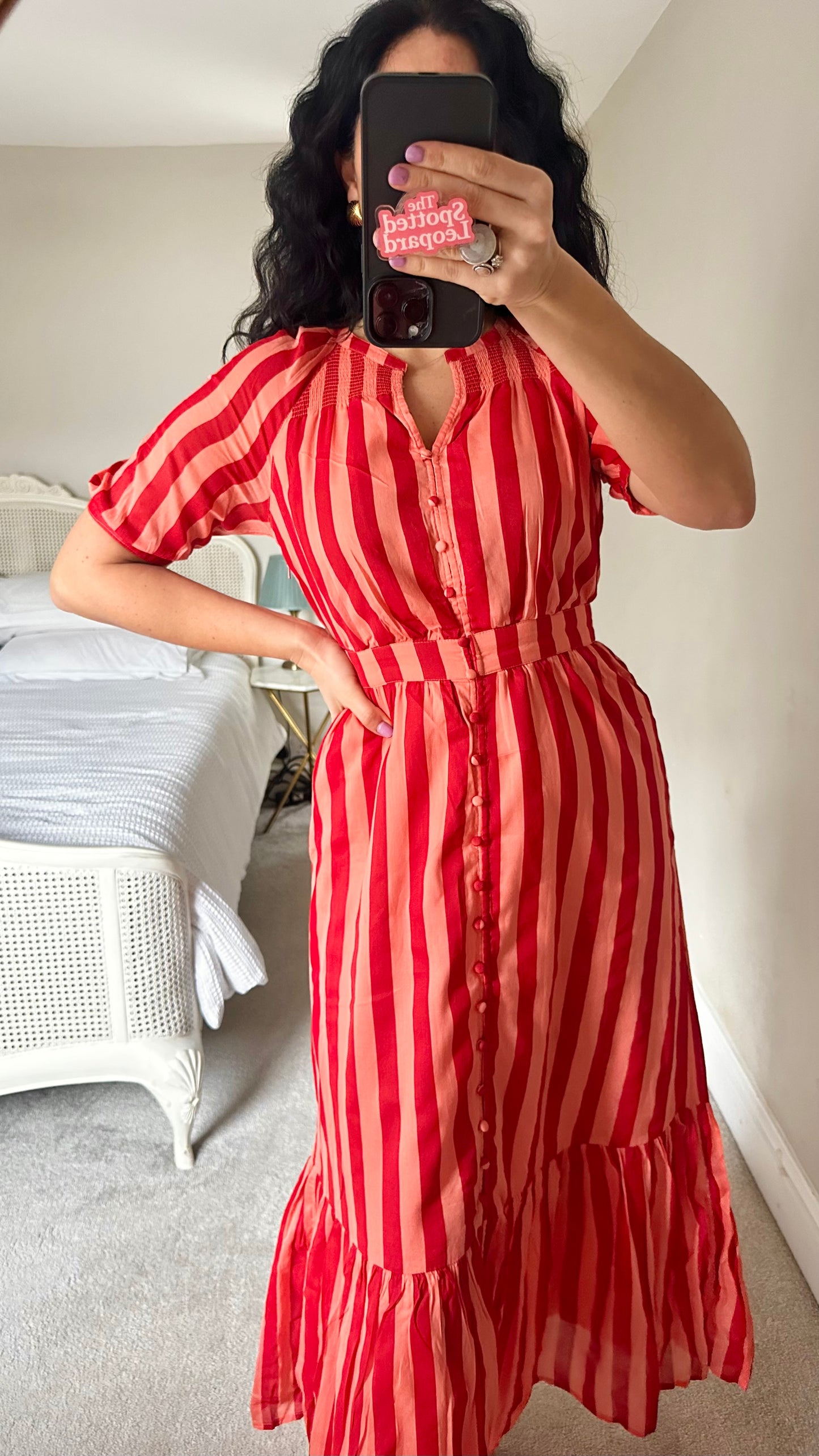 Whistles red coral stripe cotton button up midi dress small UK 8 new