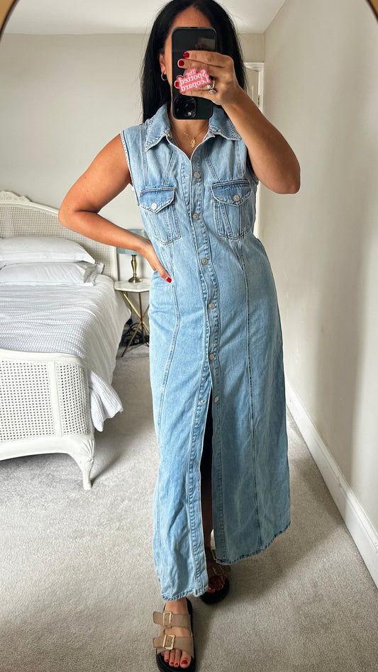 Zara denim jeans button up maxi long dress medium UK 12 vgc casual