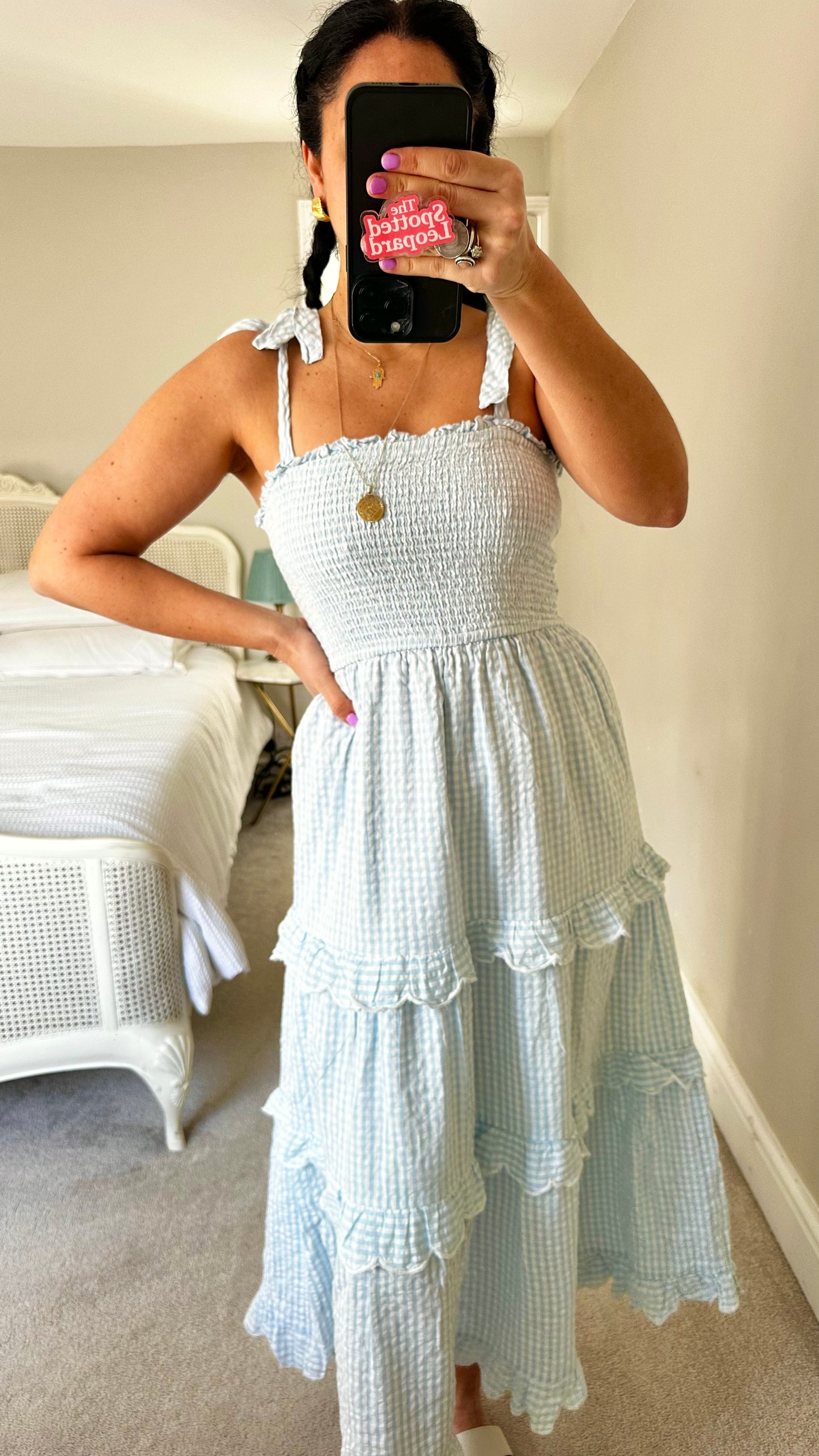 YAS light blue white gingham check long sun dress large UK 12-14