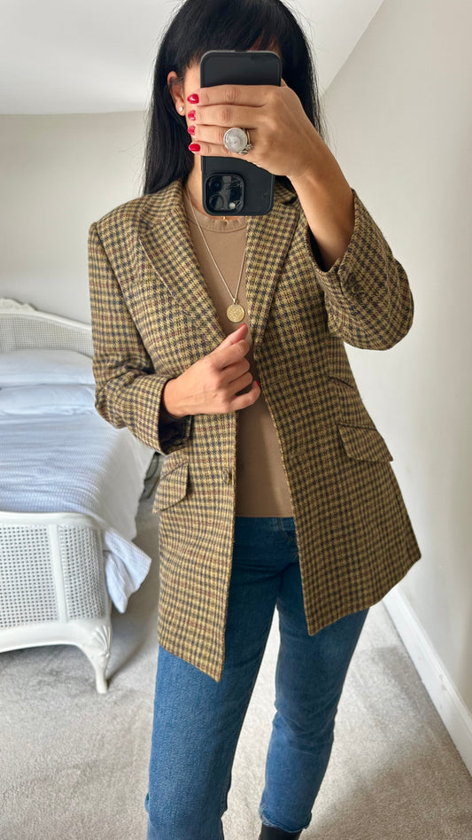 Aquascutum vintage beige brown gingham check blazer jacket small medium 100% wool vgc UK 8-10