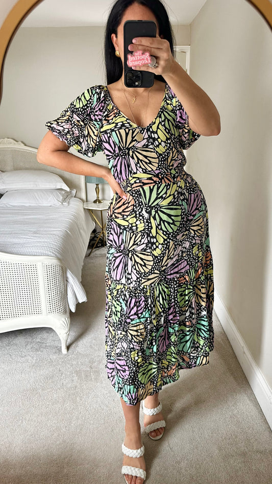 Oliver Bonas black lilac butterfly dress midi long small UK 8-10 vgc