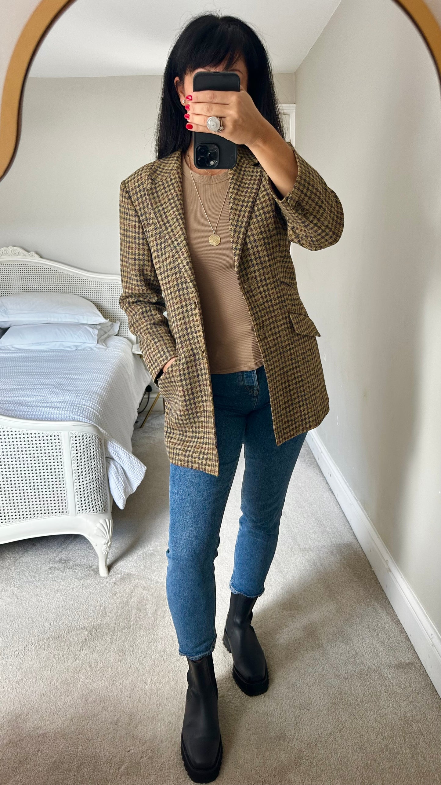 Aquascutum vintage beige brown gingham check blazer jacket small medium 100% wool vgc UK 8-10