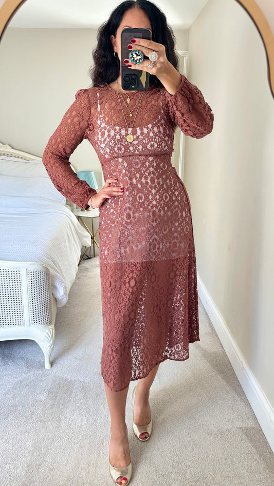 Zara brown tan burnt orange lace midi evening event dress small UK 8 10 vgc