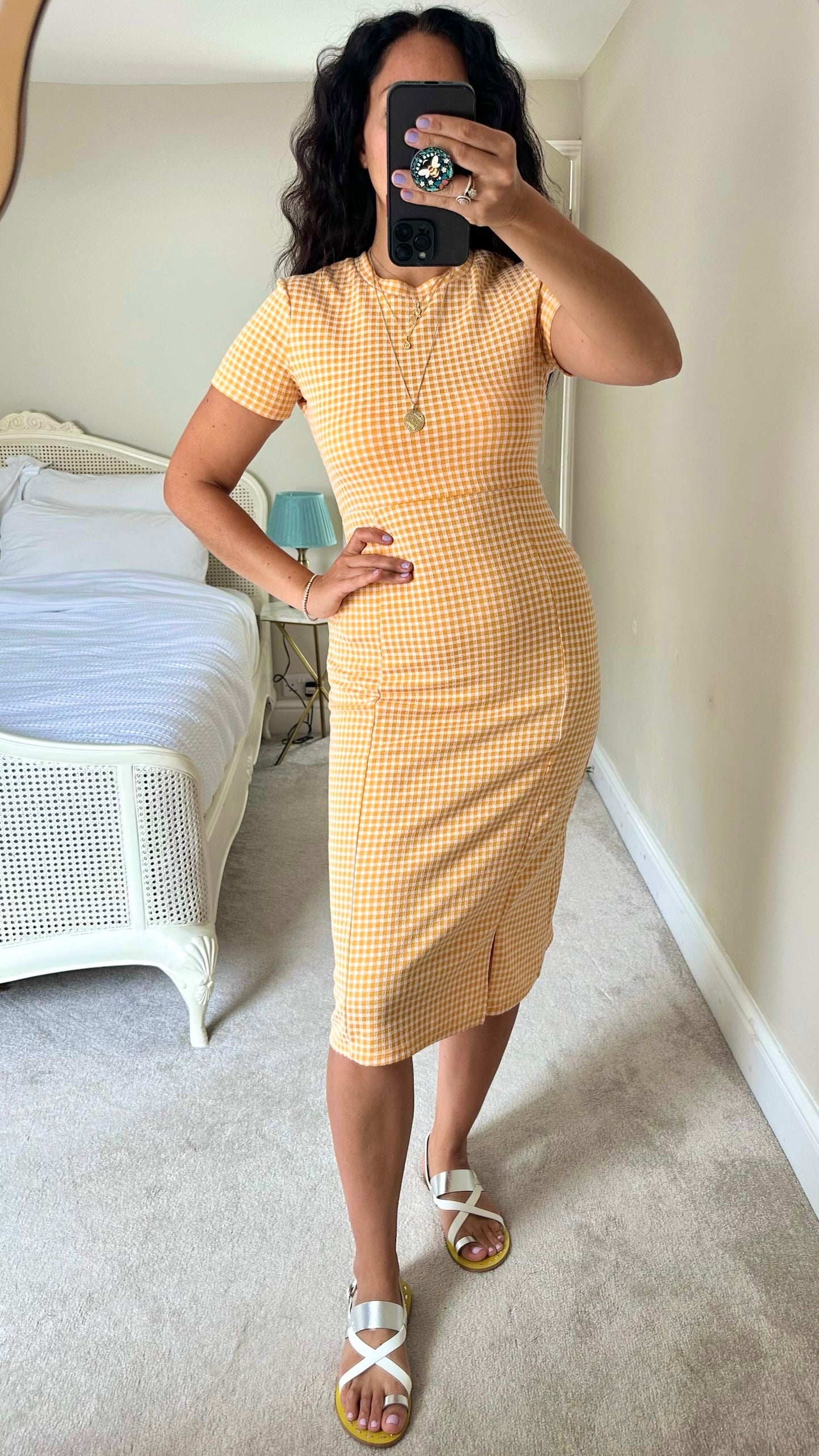 Zara yellow orange gingham T-shirt bodycon midi dress medium M UK 12