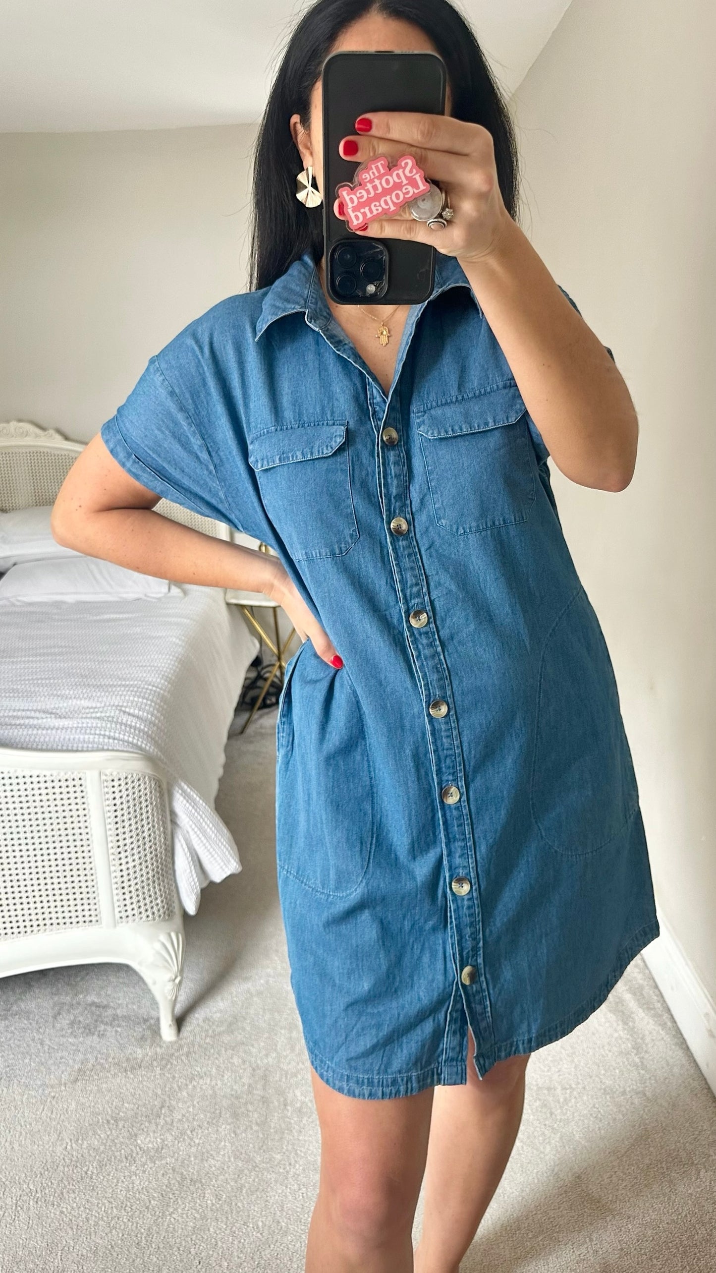 Albaray light blue denim button up mini shirt dress medium UK 12 vgc