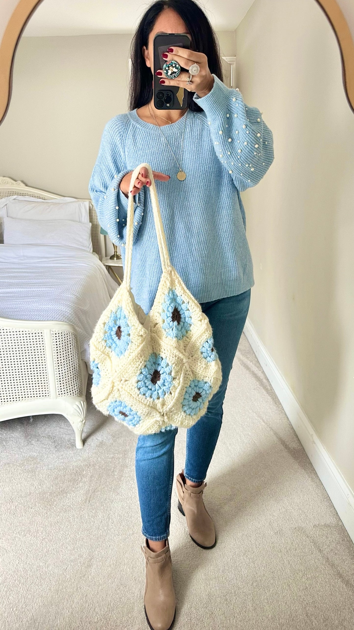 Handmade blue white crochet lined shoulder bag NWOT