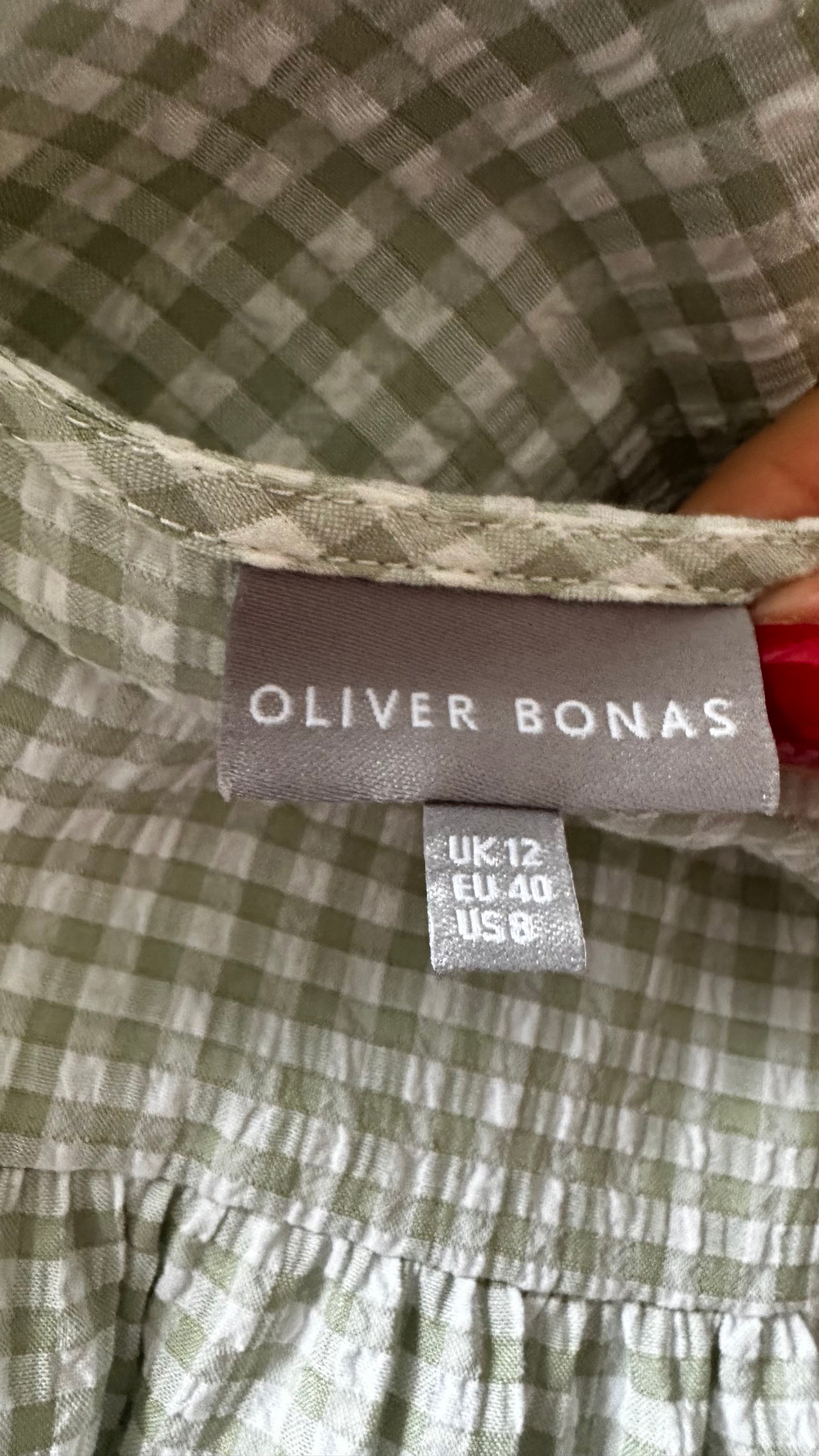 Oliver Bonas light green white gingham check button up holiday sun dress extra small medium UK 6-8 12-14 vgc