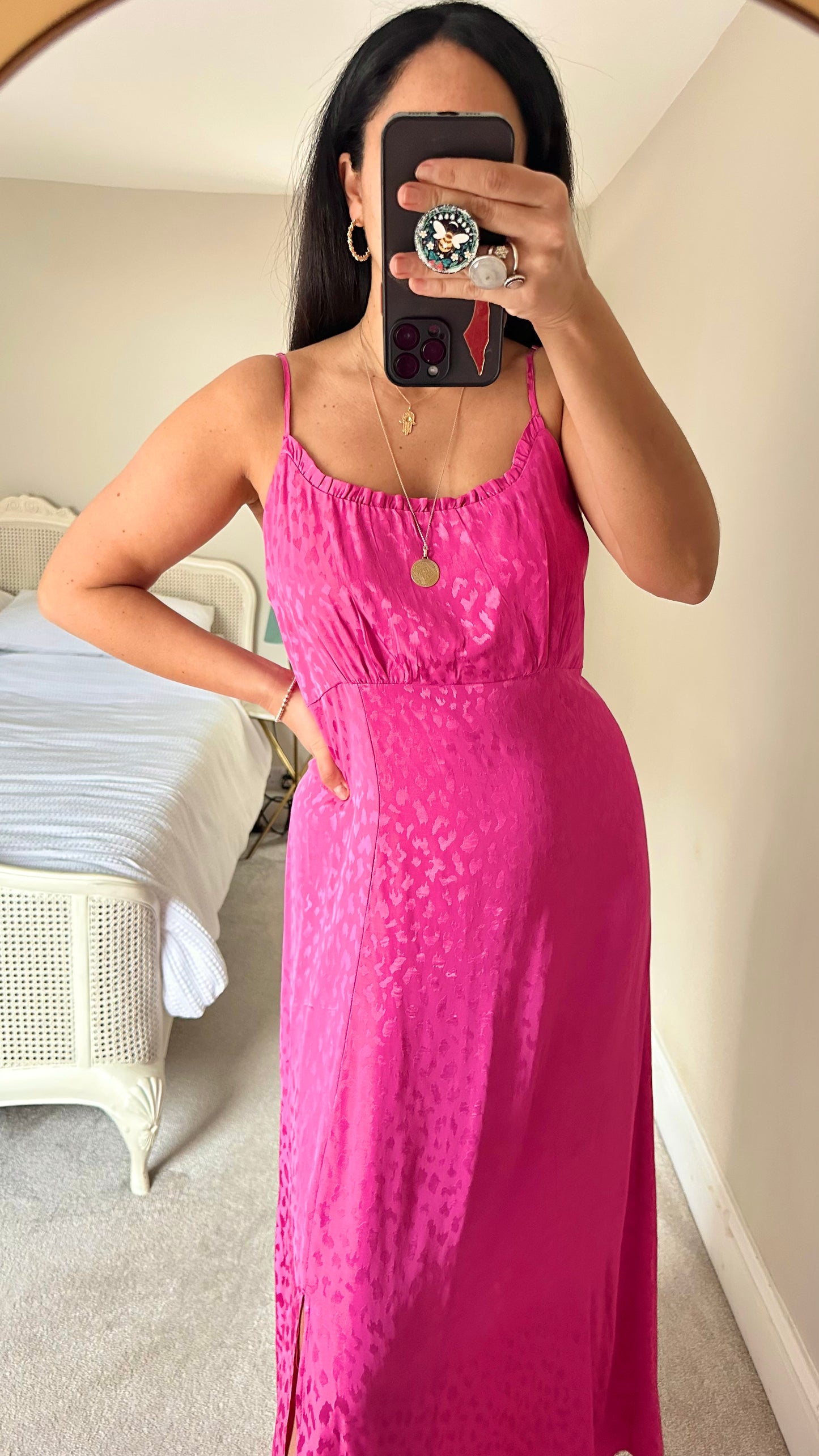 Oliver Bonas pink animal leopard print maxi midi side split dress large UK 14 vgc