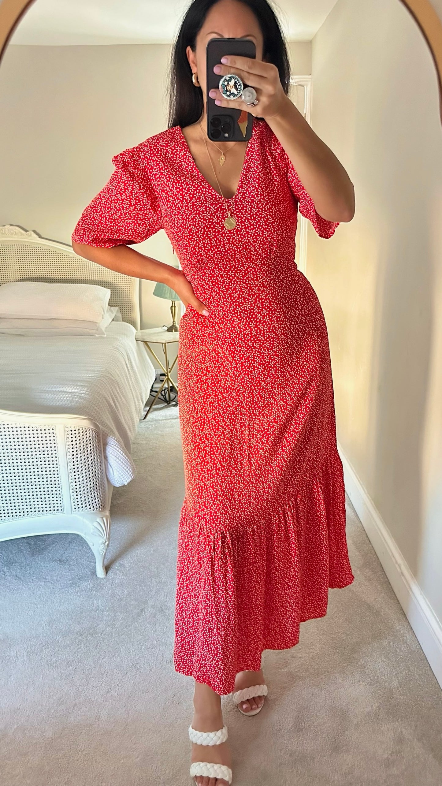 Albaray red ditsy tiered hem maxi dress wedding guest small medium extra large UK 8-10 14 as new condition