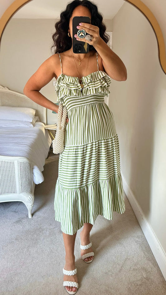 Zara green white stripe frill bust midi sundress holiday Medium large ML UK 10-12 perfect used condition