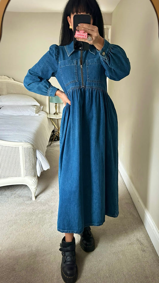 Aligne navy blue denim zip up long midi maxi dress small UK 8 vgc