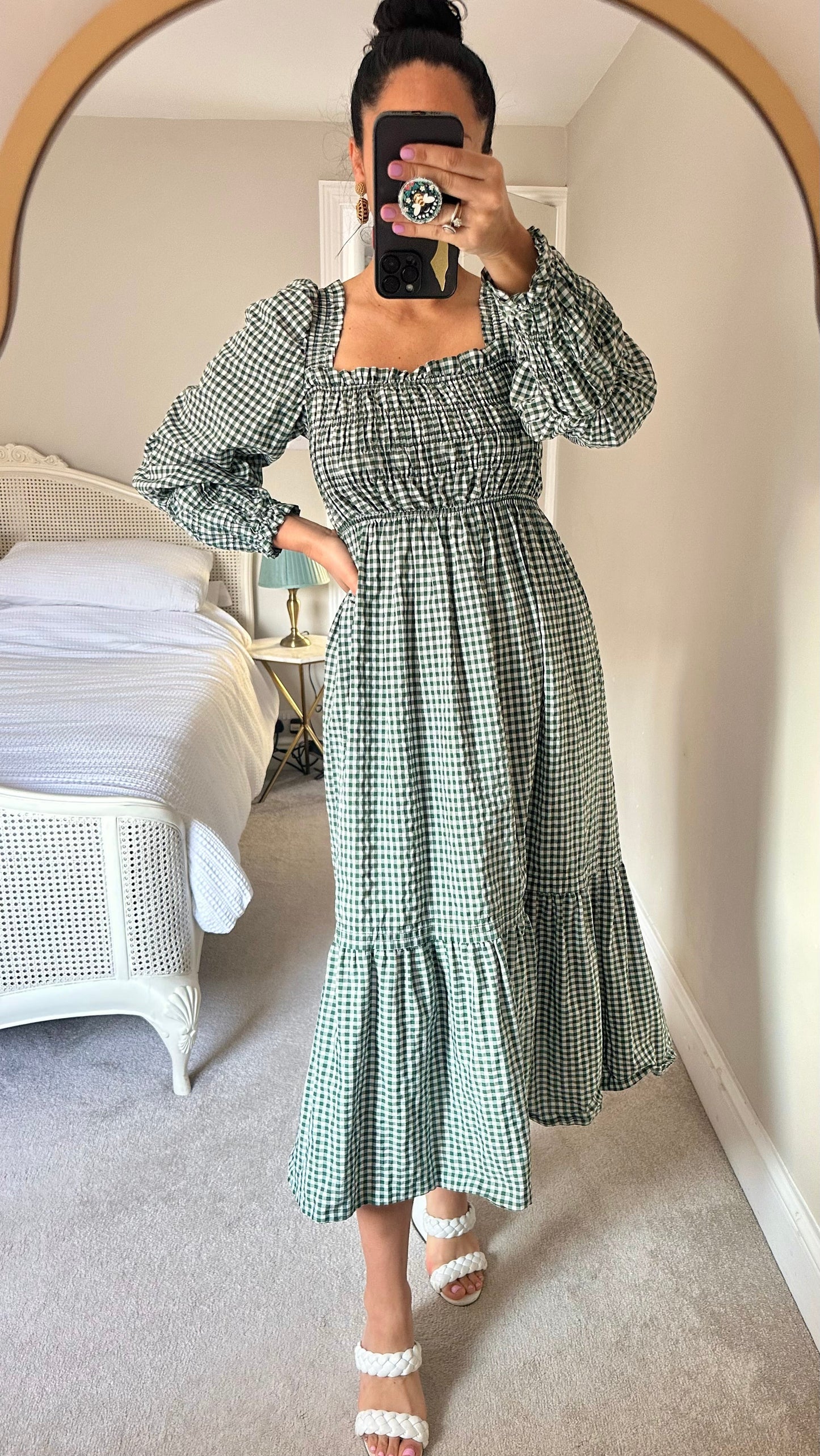 Topshop Green white gingham check shirred cotton blend check midi dress medium UK 14