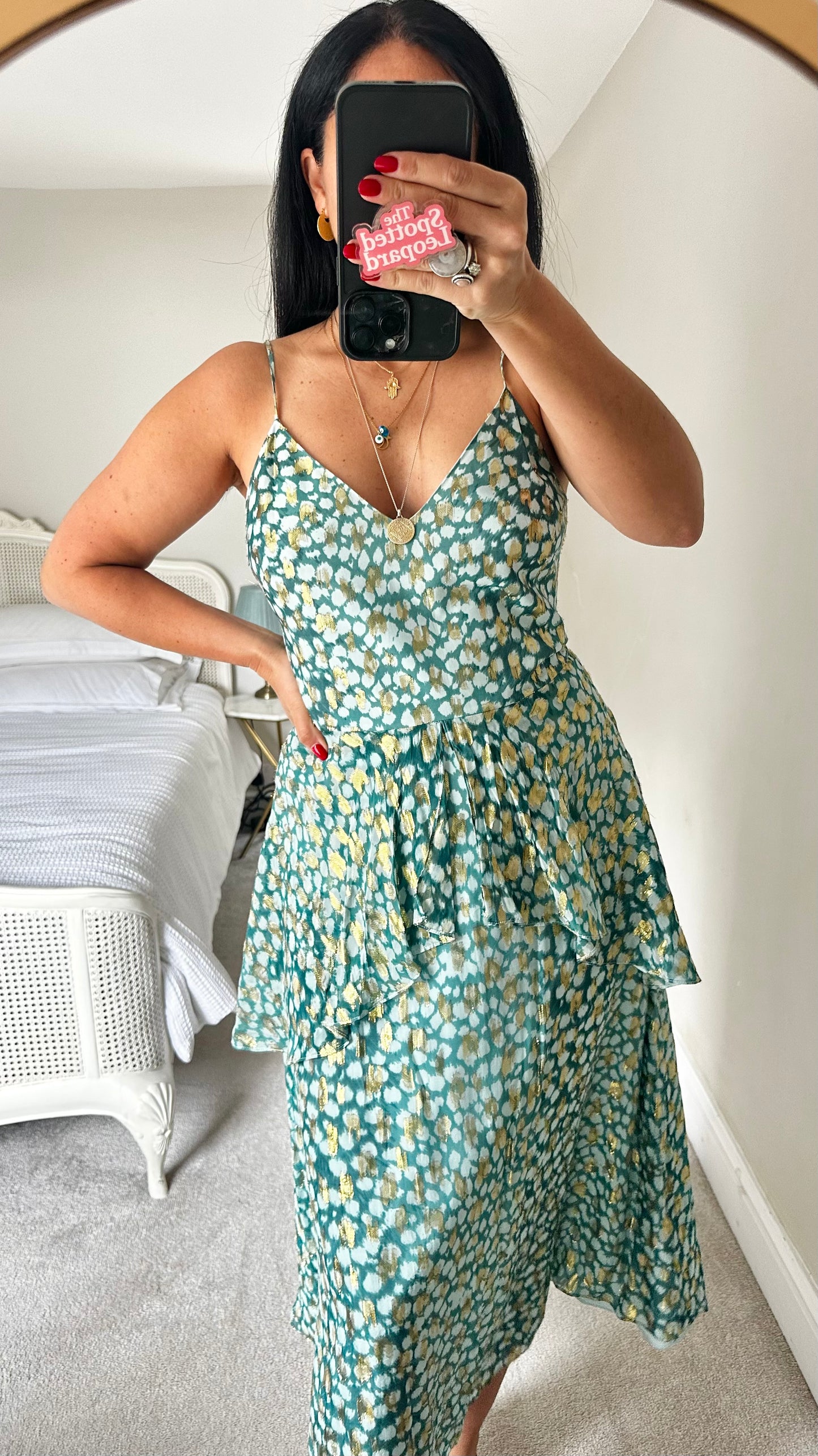 Whistles turquoise green gold strappy event midi dress medium UK 12 vgc