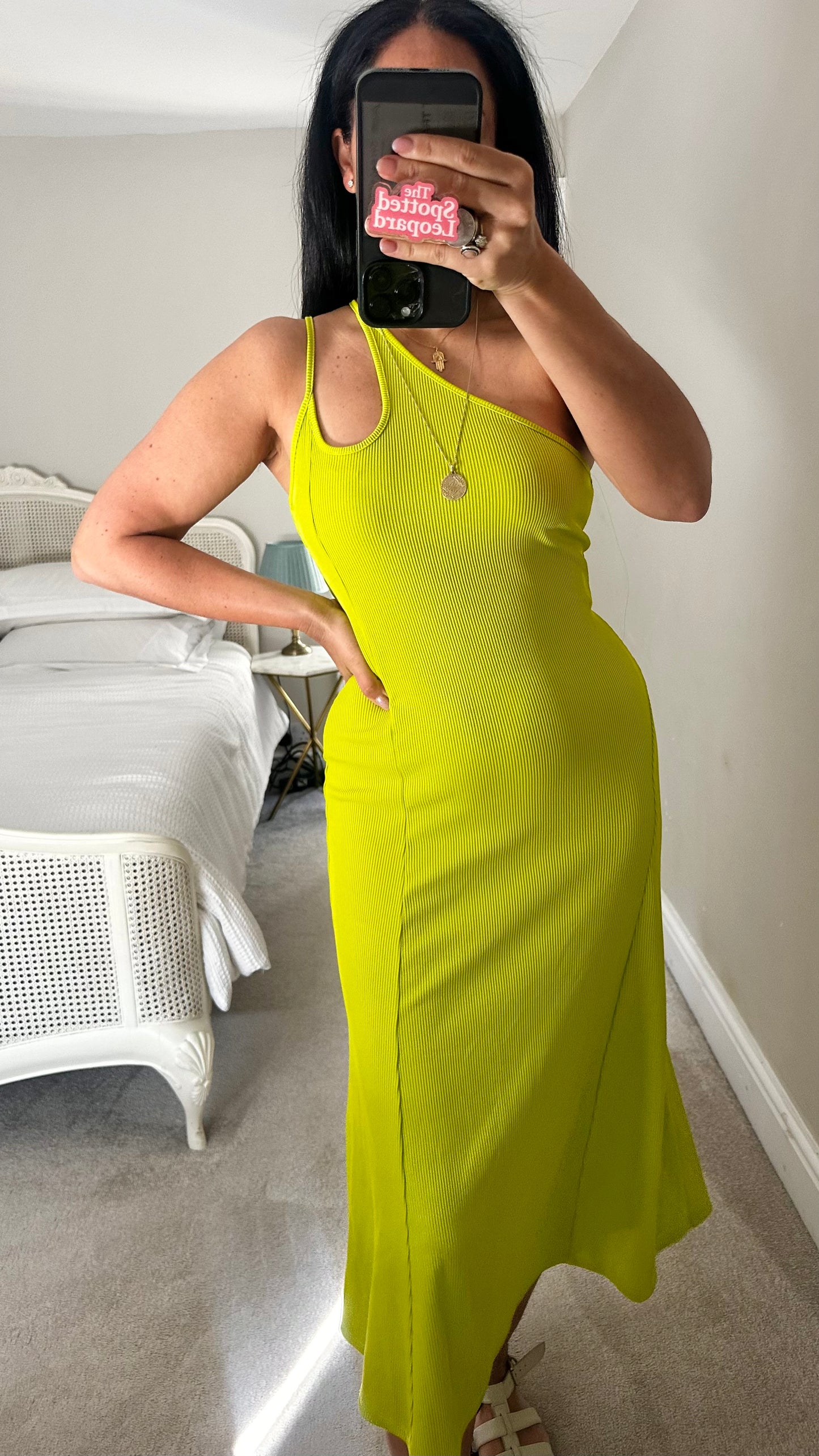 Topshop lime green acid ribbed midi long asymmetric dress small UK 10 vgc