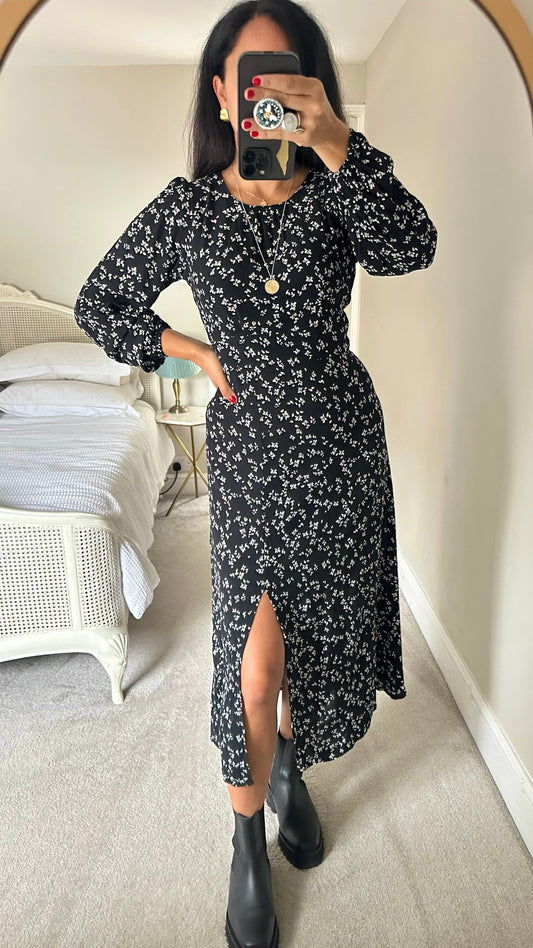 & other stories black white floral side split maxi midi dress large UK 12 vgc w25 