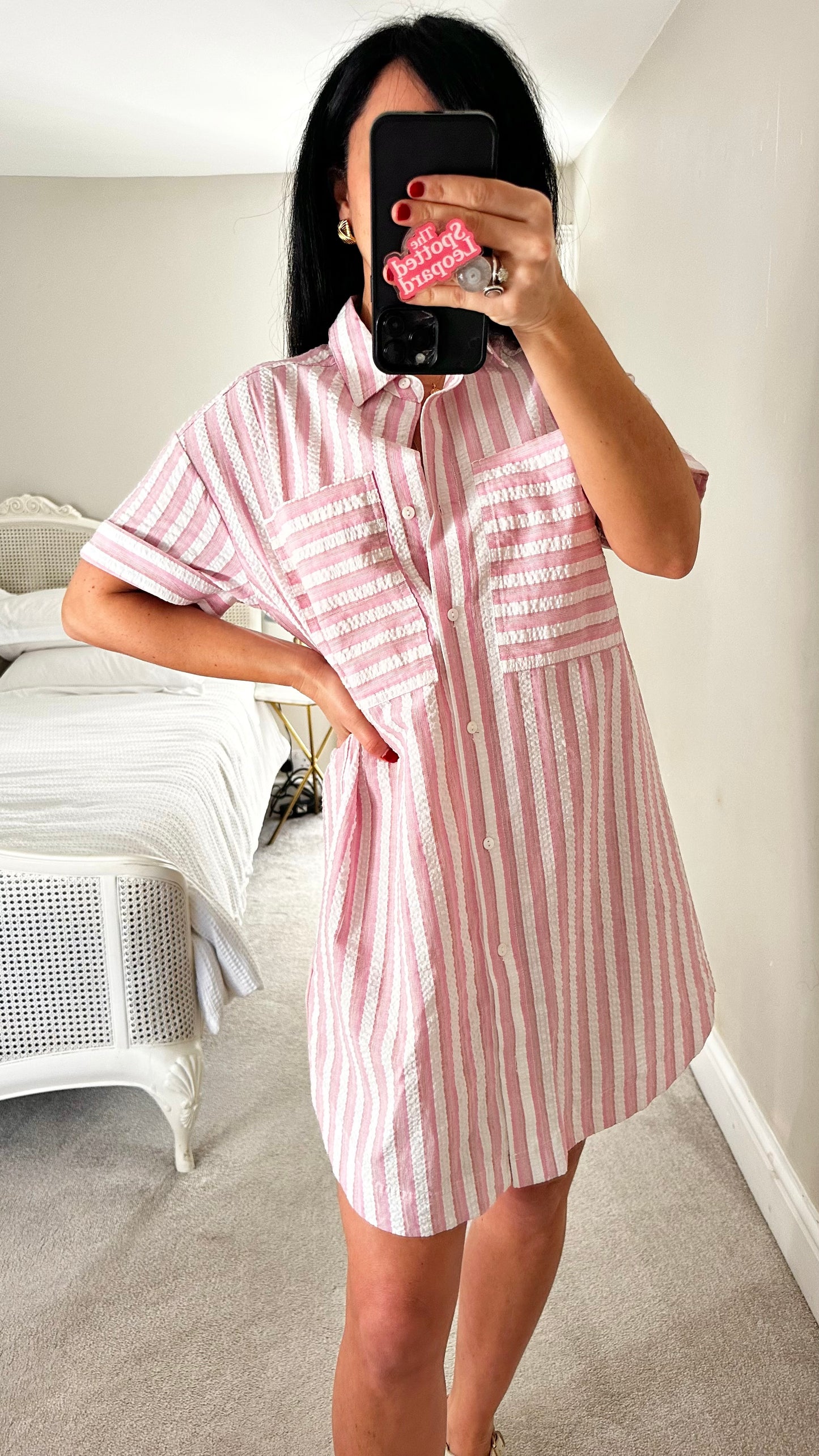 FRNCH pink white stripe mini shirt dress holiday medium UK 12-14 new bnwt