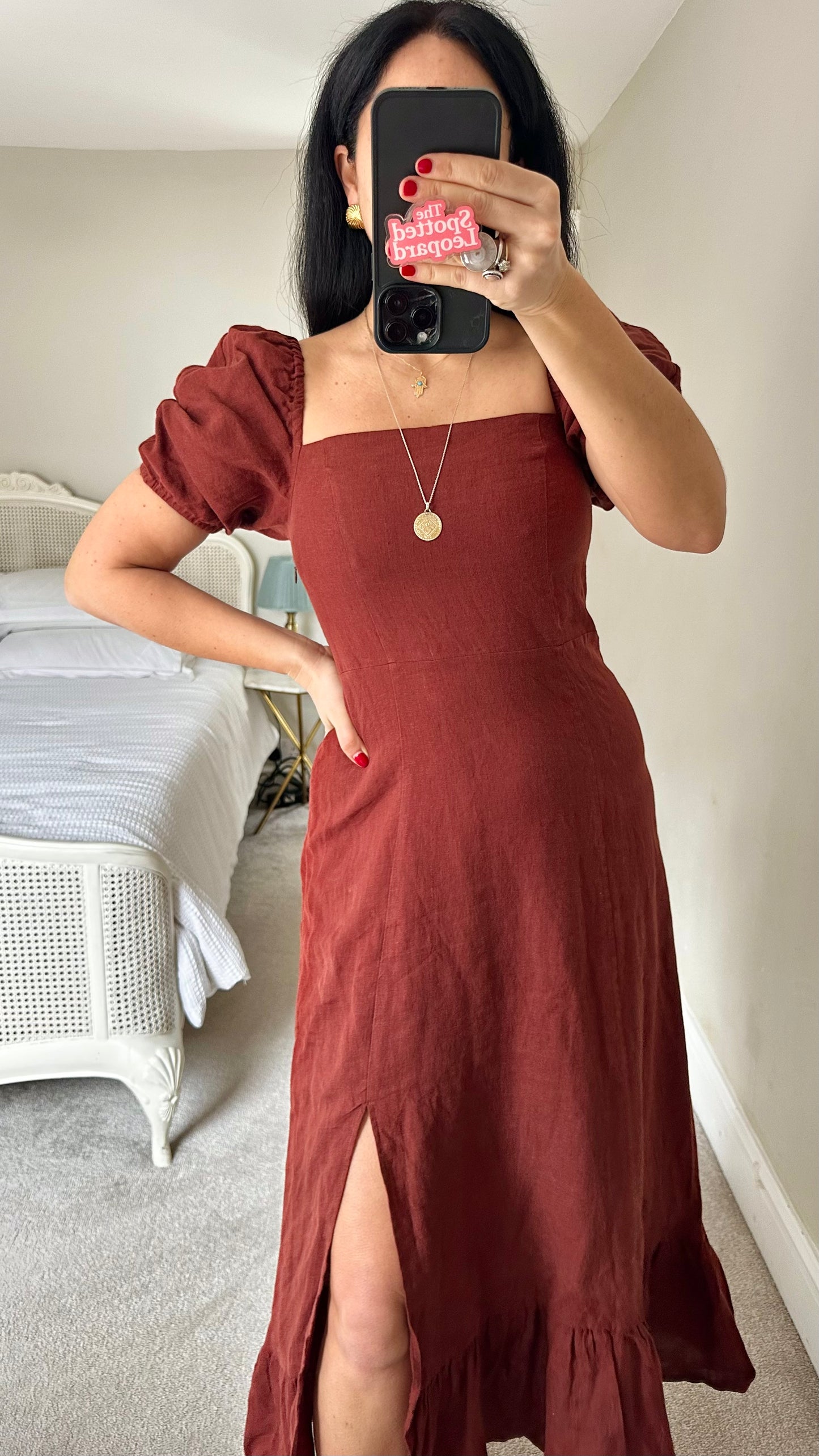 & other stories brown burgundy pure linen side split holiday event dress medium UK 12 vgc