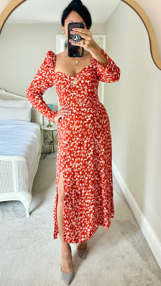 & other stories red cream printed side split midi long maxi dress UK 10 new