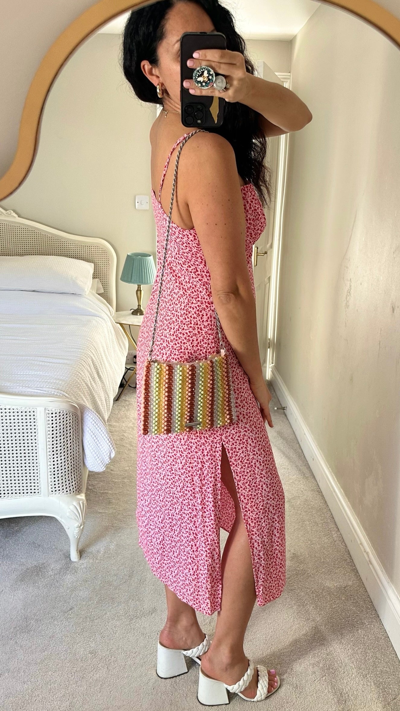 Forever new red pink ditsy floral print ruched bust midaxi slip dress holiday sun event medium L UK 12