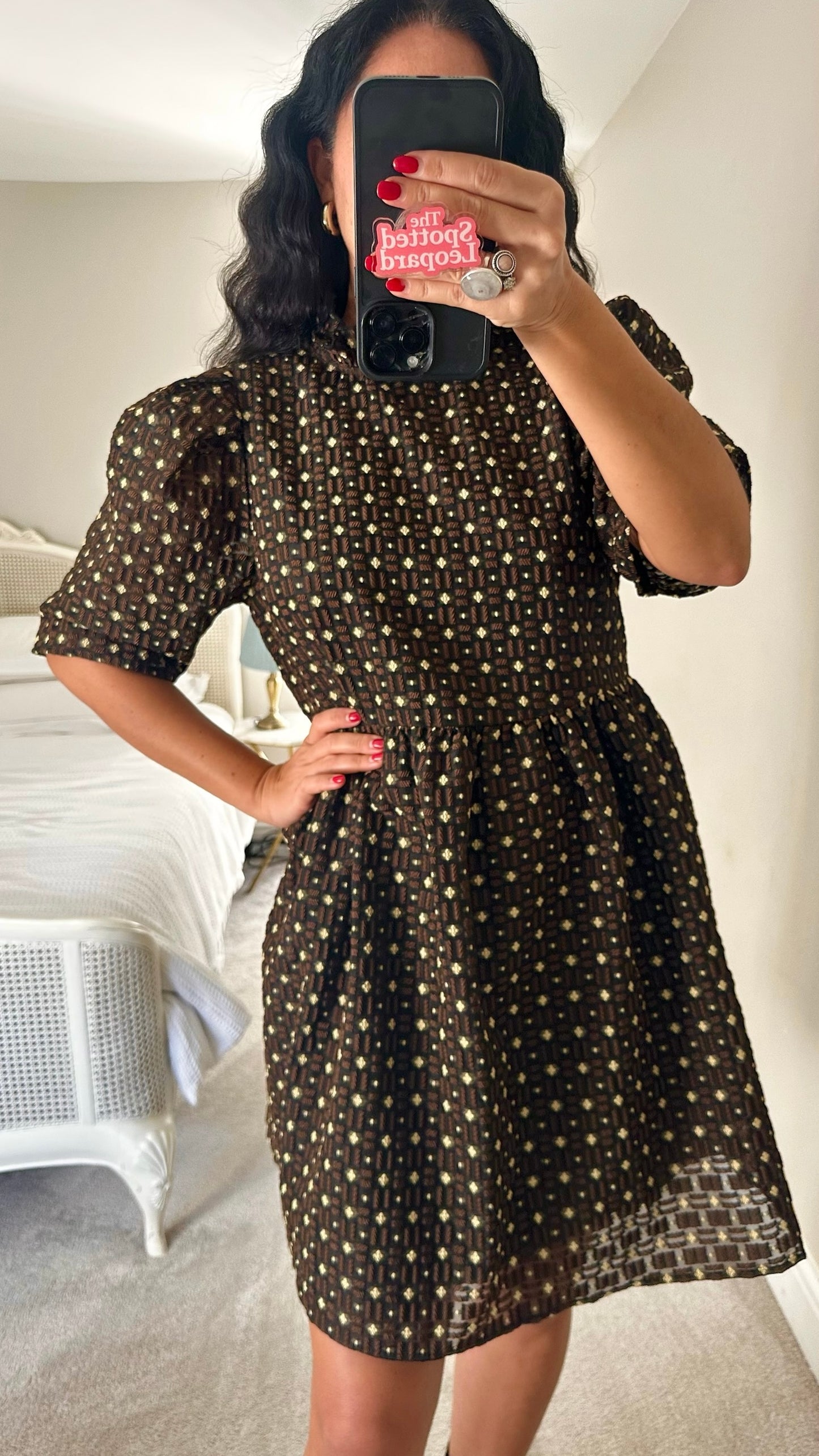 Selected femme @ anthropologie brown gold black mini event dress large UK 12 vgc XMS25