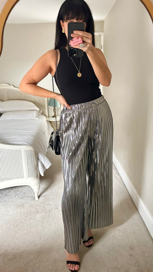 Selected Femme @ Anthropologie silver plissé metallic palazzo trousers large UK 12 14 vgc