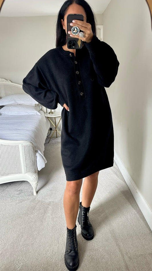 Oliver bonas black knitted leopard print button midi jumper dress large L UK 12 excellent used condition